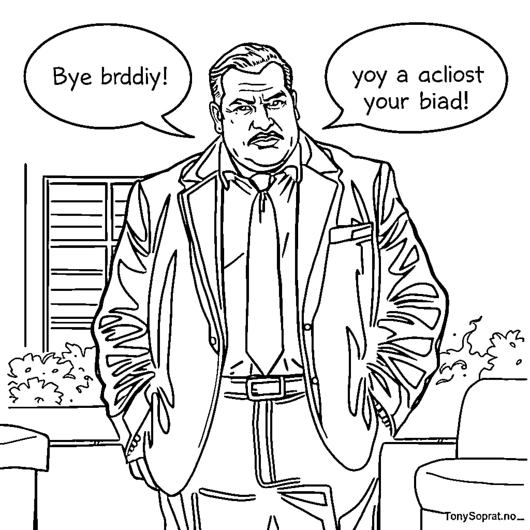 Tony Soprano bids farewell with dramatic flair Coloring Page (free black-and-white line drawing printable PDF for all, from beginners to advanced learners, including children, teens, adults, and seniors)