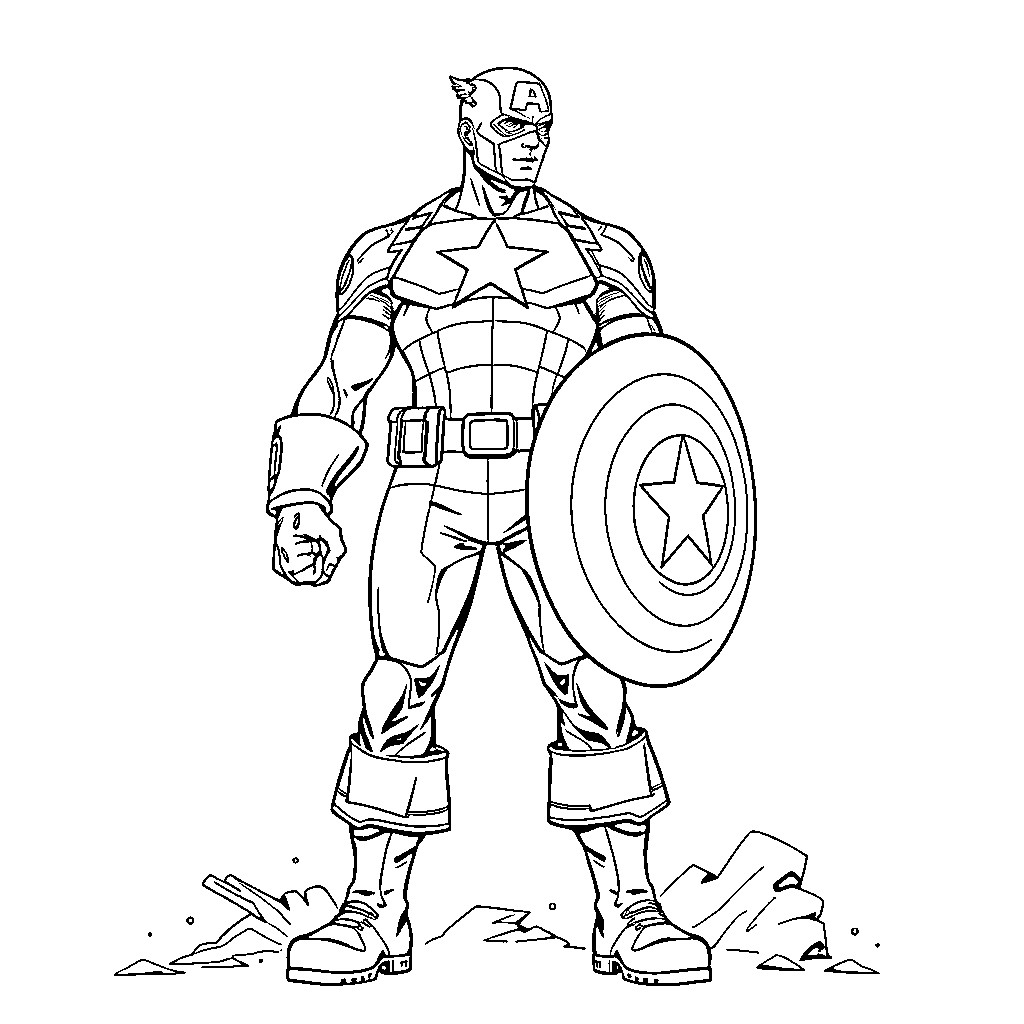 Captain America standing in heroic pose with shield Coloring Page (free black-and-white line drawing printable PDF for all, from beginners to advanced learners, including children, teens, adults, and seniors)