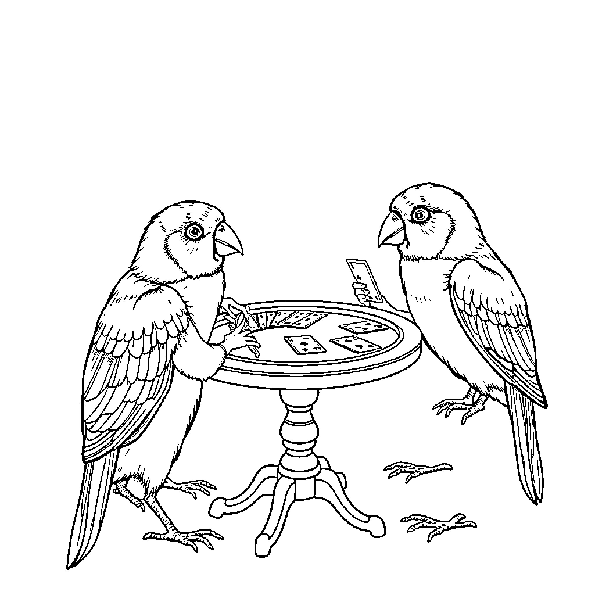 Birds playing cards at a table Coloring Page (free black-and-white line drawing printable PDF for all, from beginners to advanced learners, including children, teens, adults, and seniors)