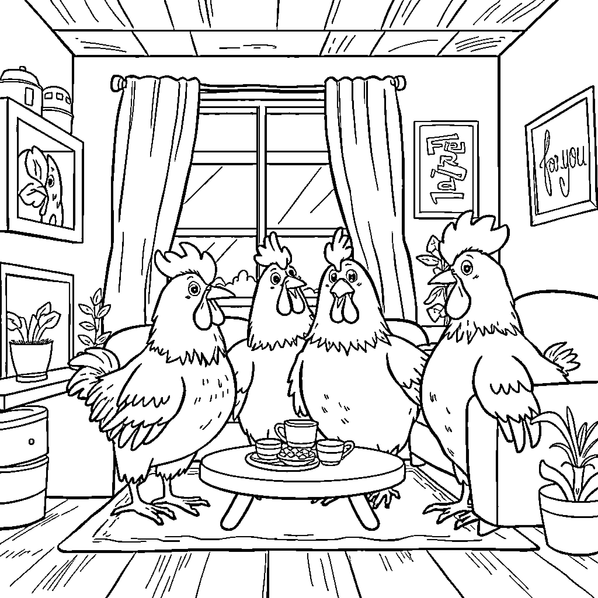 Chicken family enjoying a cozy indoor scene Coloring Page (free black-and-white line drawing printable PDF for all, from beginners to advanced learners, including children, teens, adults, and seniors)