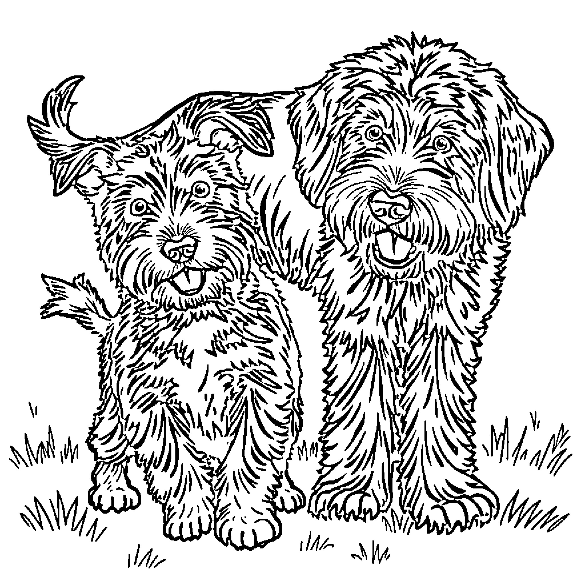 Dog friends playing together in grass Coloring Page (free black-and-white line drawing printable PDF for all, from beginners to advanced learners, including children, teens, adults, and seniors)
