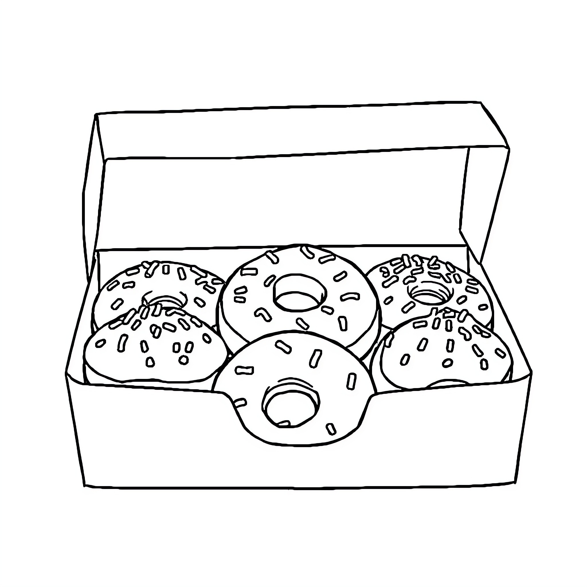 Donut box filled with various donuts Coloring Page (free black-and-white line drawing printable PDF for all, from beginners to advanced learners, including children, teens, adults, and seniors)