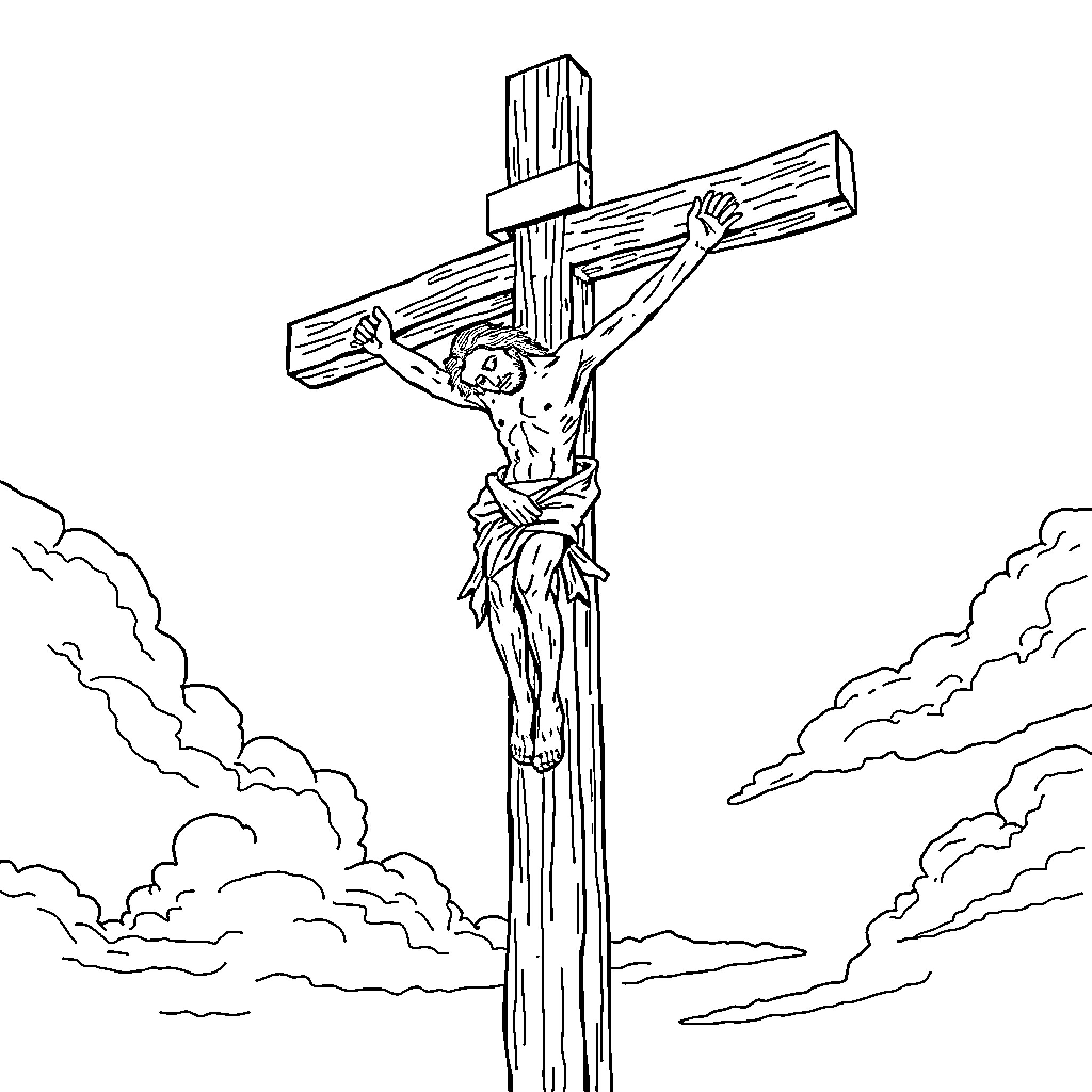 Christ Crucified on the Cross Coloring Page (free black-and-white line drawing printable PDF for all, from beginners to advanced learners, including children, teens, adults, and seniors)