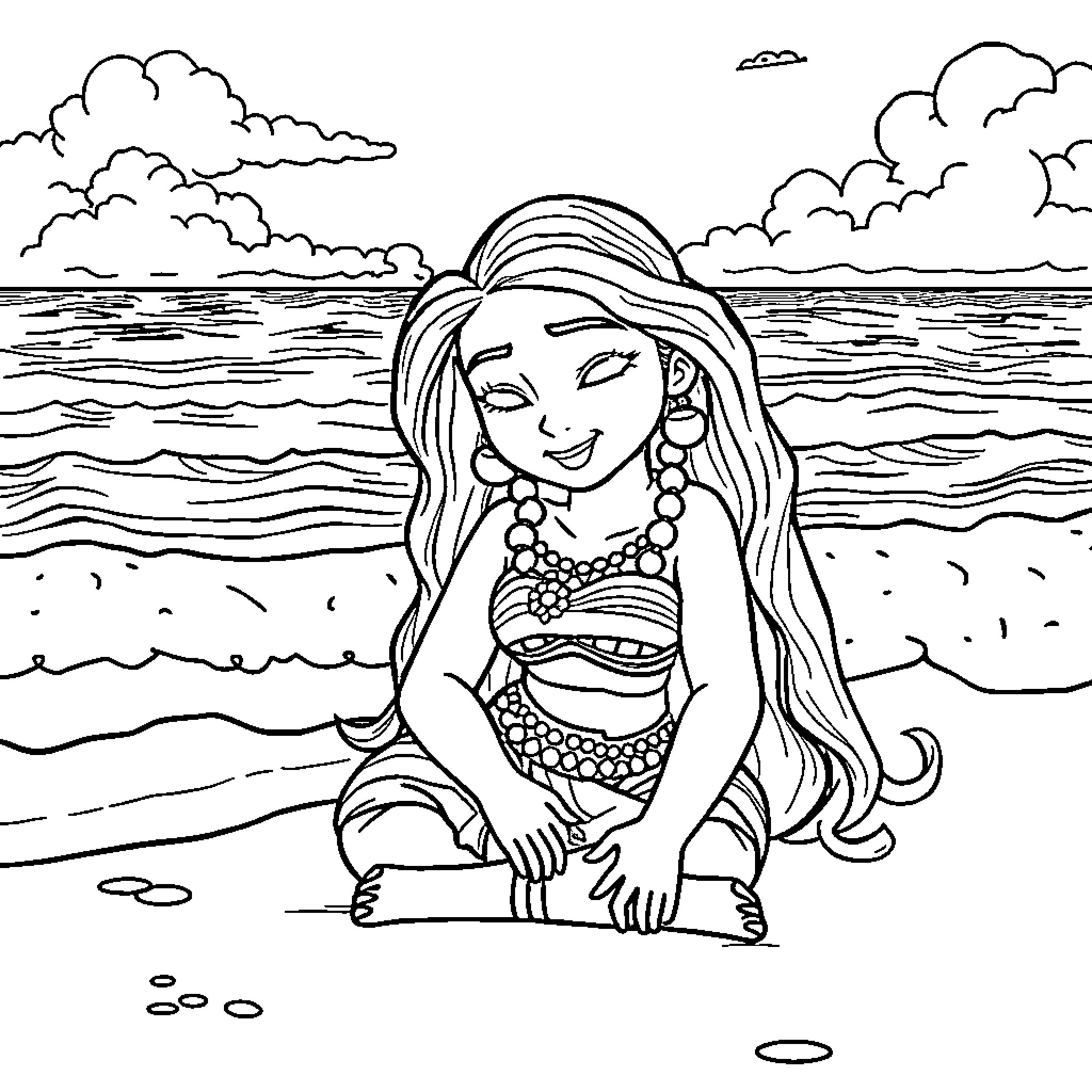 Moana enjoying the beach with a smile Coloring Page (free black-and-white line drawing printable PDF for all, from beginners to advanced learners, including children, teens, adults, and seniors)