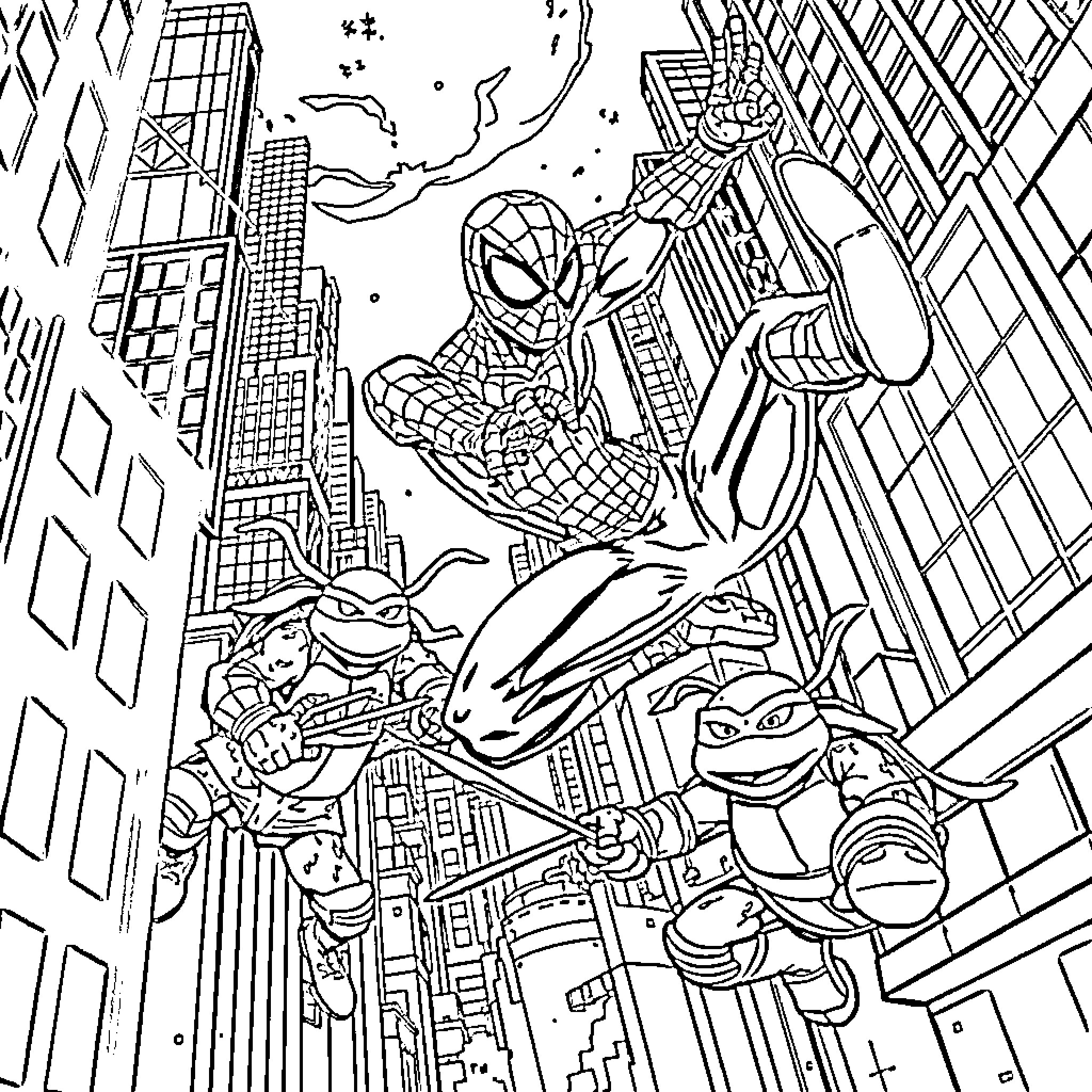 Spiderman swinging through a city scene with action Coloring Page (free black-and-white line drawing printable PDF for all, from beginners to advanced learners, including children, teens, adults, and seniors)