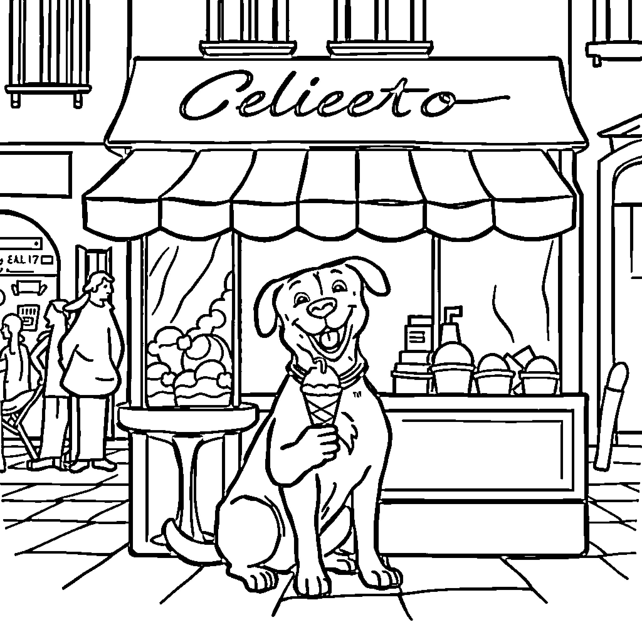 Dog sitting happily outside Gelieto ice cream shop Coloring Page (free black-and-white line drawing printable PDF for all, from beginners to advanced learners, including children, teens, adults, and seniors)