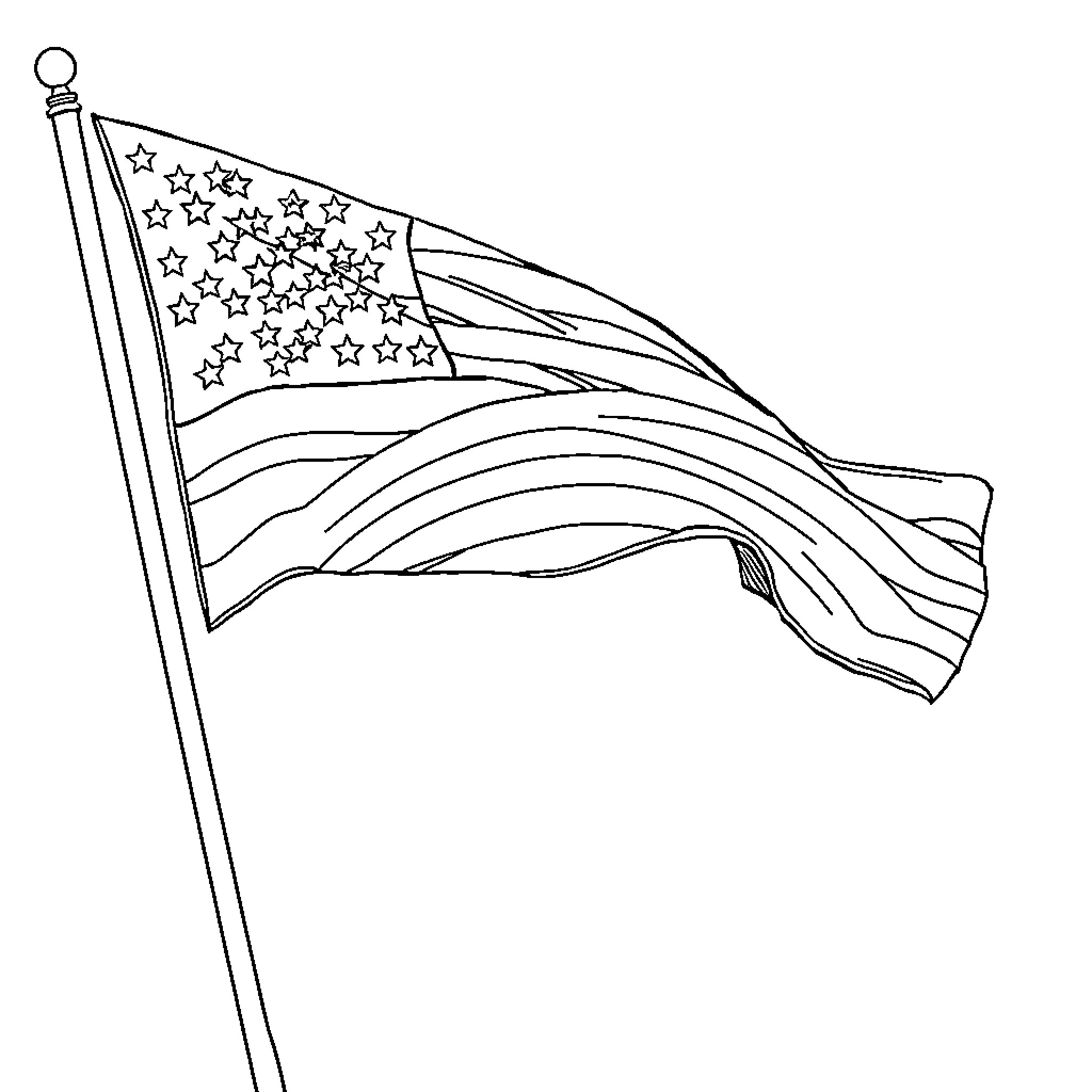 Flag waving in the wind with stars and stripes Coloring Page (free black-and-white line drawing printable PDF for all, from beginners to advanced learners, including children, teens, adults, and seniors)