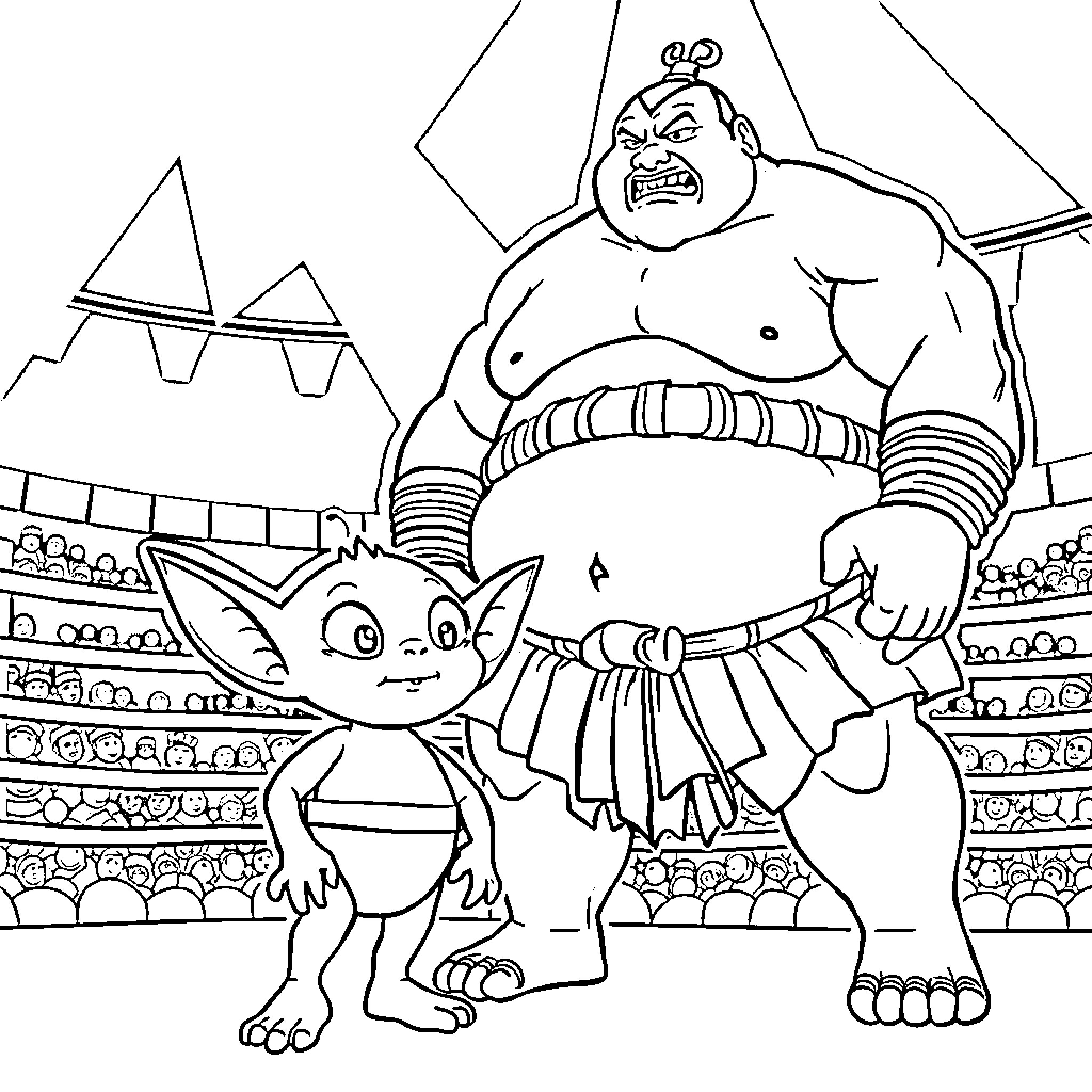 Grogu facing off against a fierce opponent in the arena Coloring Page (free black-and-white line drawing printable PDF for all, from beginners to advanced learners, including children, teens, adults, and seniors)