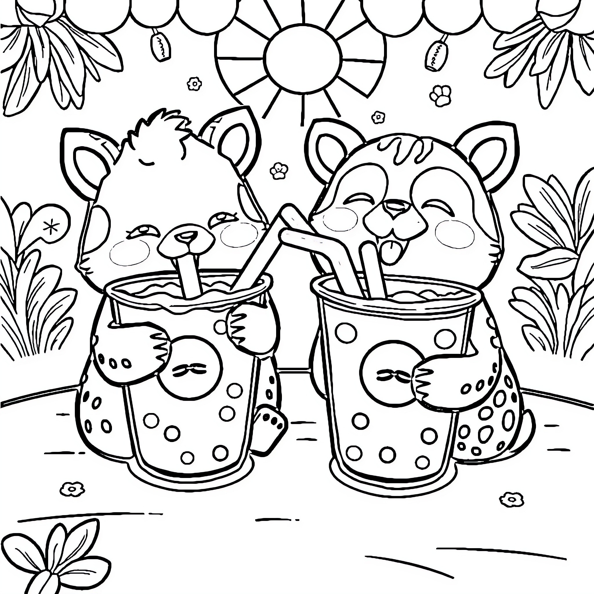 Animal friends enjoying refreshing drinks on a sunny day Coloring Page (free black-and-white line drawing printable PDF for all, from beginners to advanced learners, including children, teens, adults, and seniors)