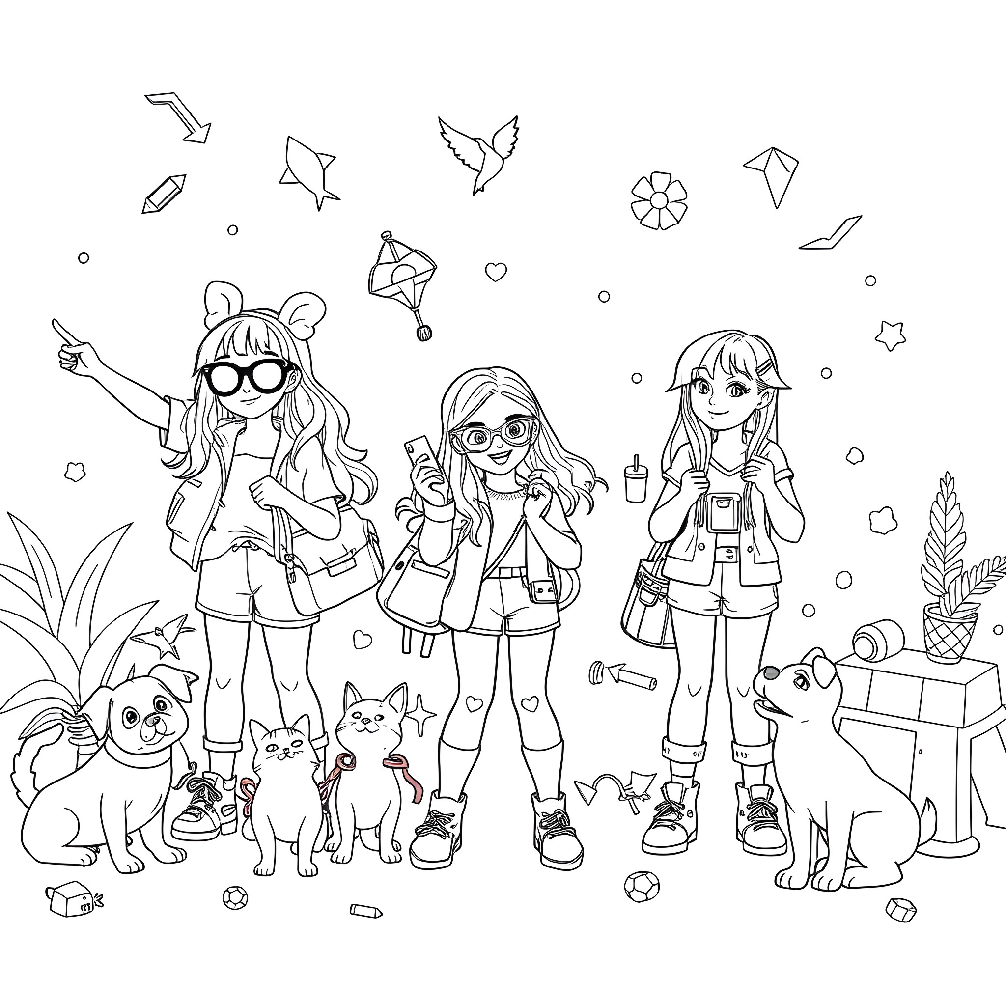LOL Tween Fashionable Girls with Pets and Toys Coloring Page (free black-and-white line drawing printable PDF for all, from beginners to advanced learners, including children, teens, adults, and seniors)