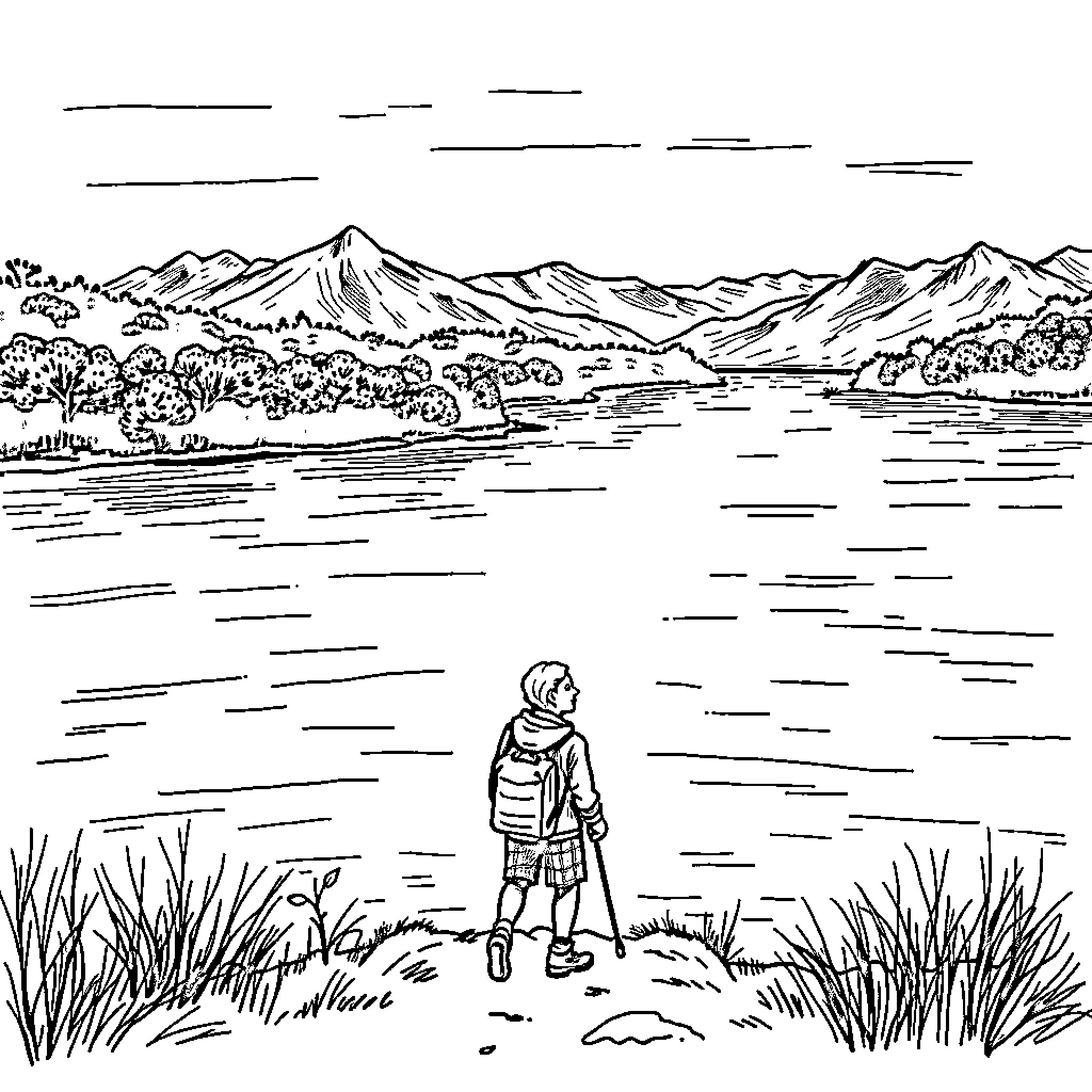 Microvoyage of a hiker in serene mountain landscape Coloring Page (free black-and-white line drawing printable PDF for all, from beginners to advanced learners, including children, teens, adults, and seniors)