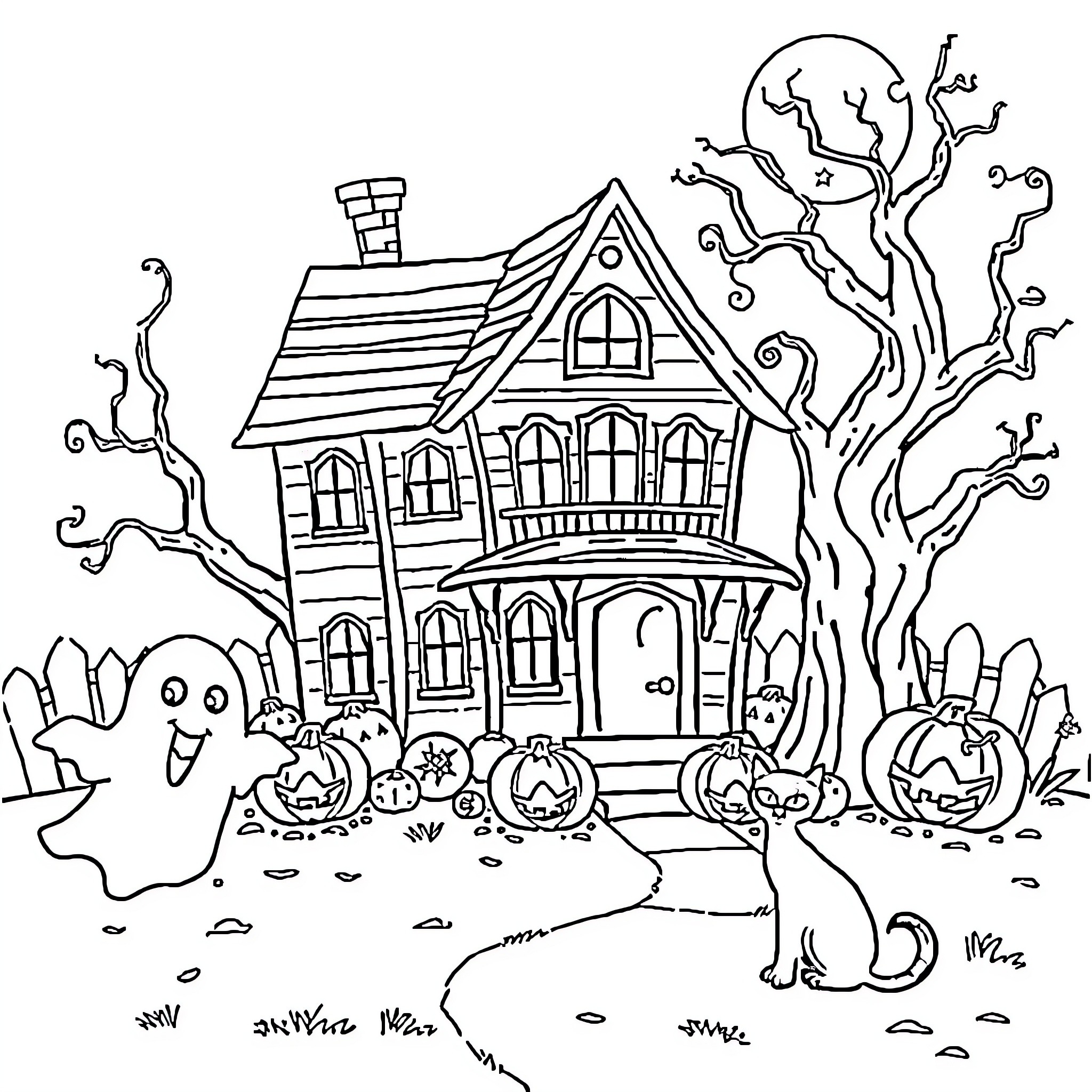 Haunted House with Spooky Decorations and Characters Coloring Page (free black-and-white line drawing printable PDF for all, from beginners to advanced learners, including children, teens, adults, and seniors)