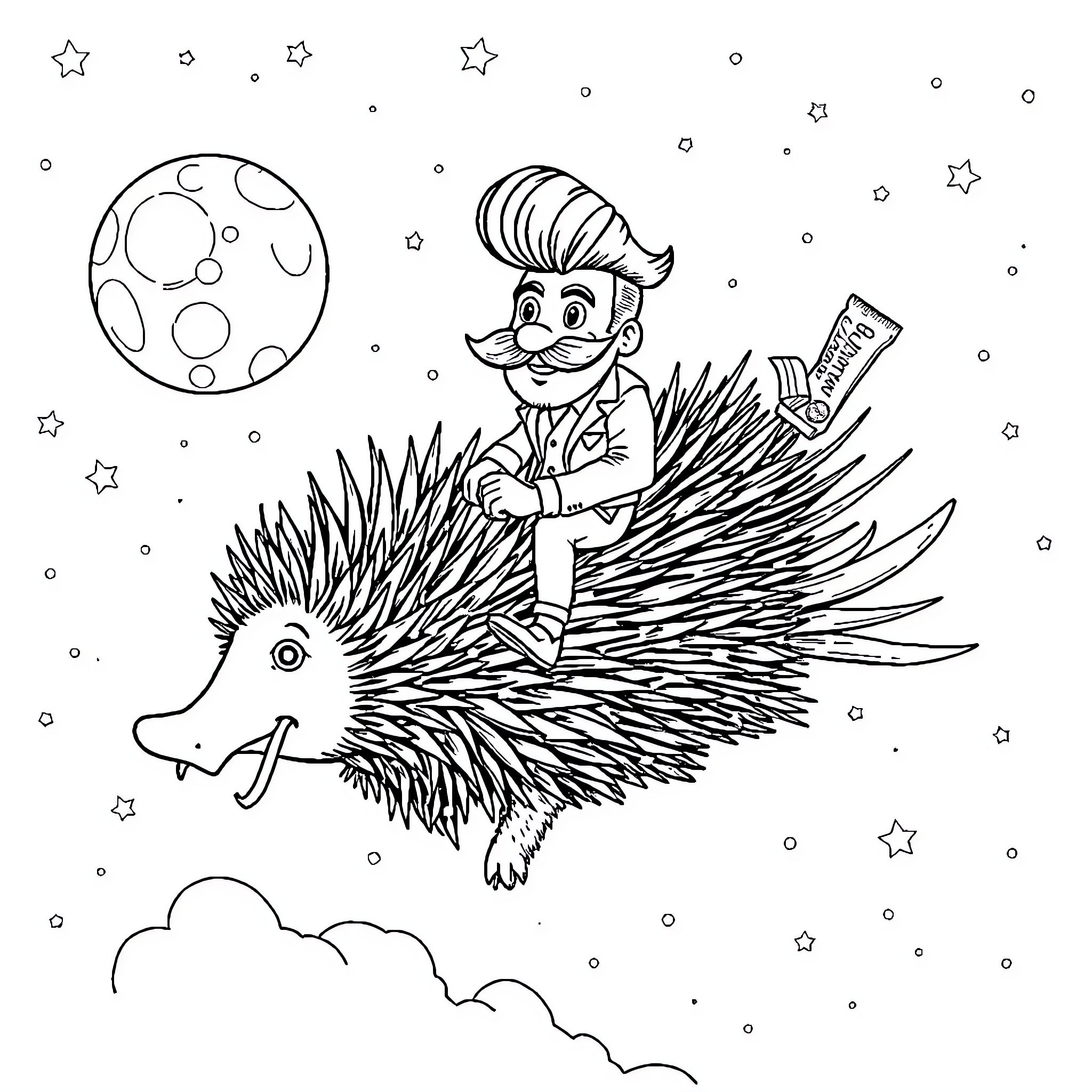 Guy riding a porcupine in the starry night sky Coloring Page (free black-and-white line drawing printable PDF for all, from beginners to advanced learners, including children, teens, adults, and seniors)