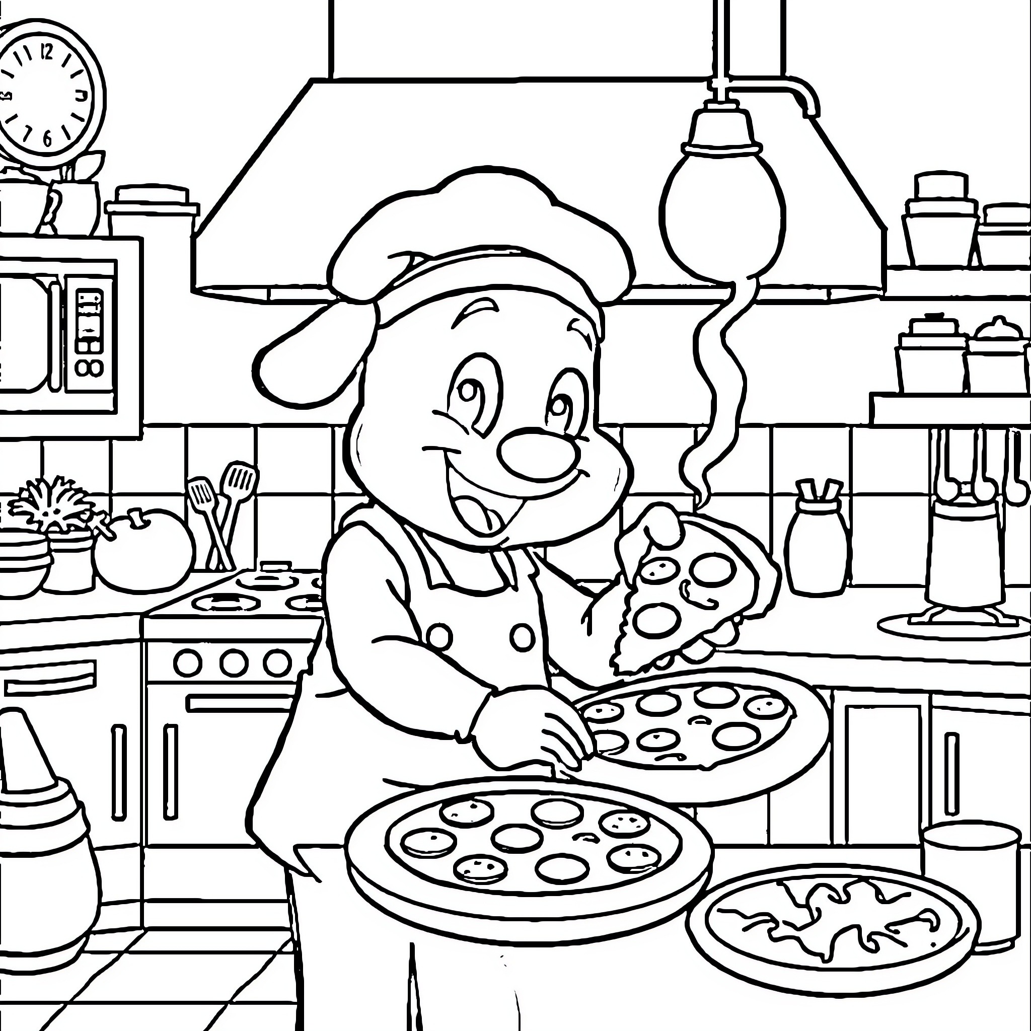 Bluey the Chef Baking Delicious Treats in the Kitchen Coloring Page (free black-and-white line drawing printable PDF for all, from beginners to advanced learners, including children, teens, adults, and seniors)