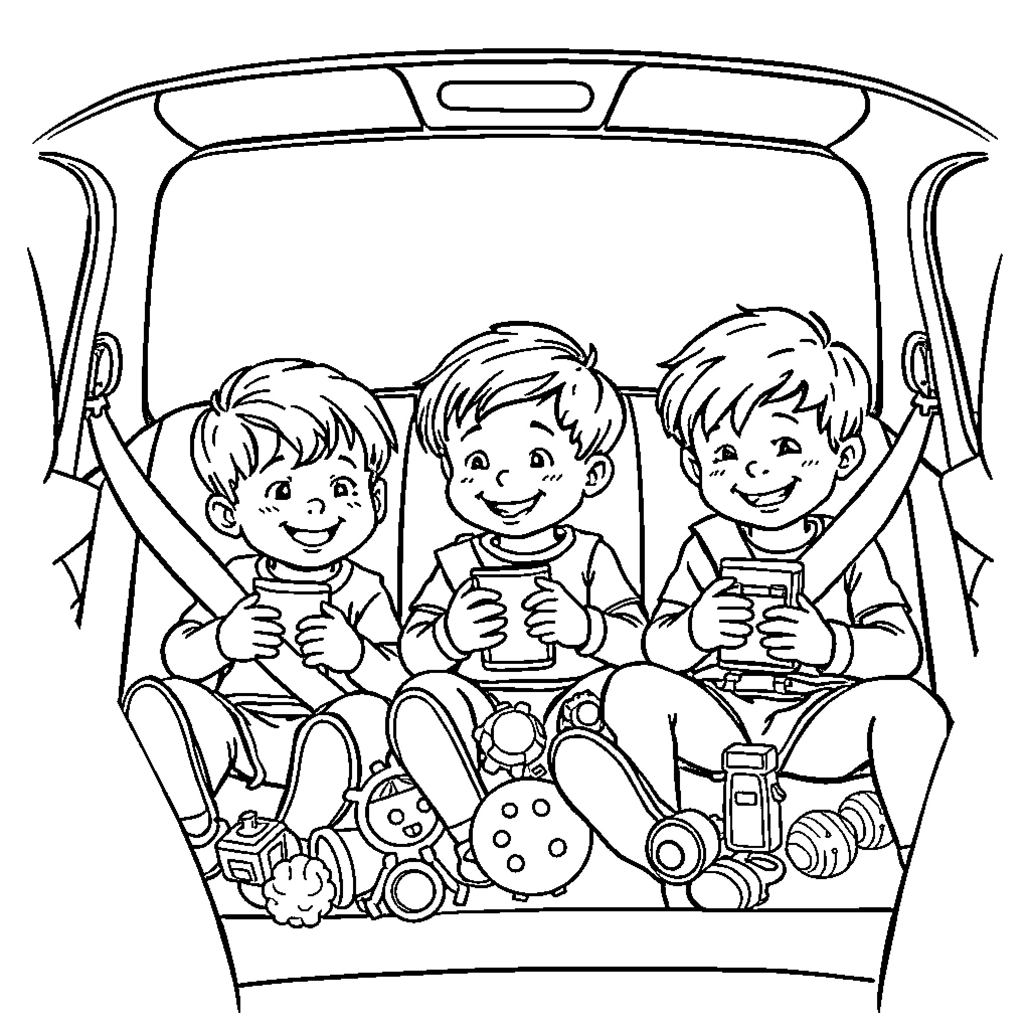 Kids playing video games in the backseat Coloring Page (free black-and-white line drawing printable PDF for all, from beginners to advanced learners, including children, teens, adults, and seniors)
