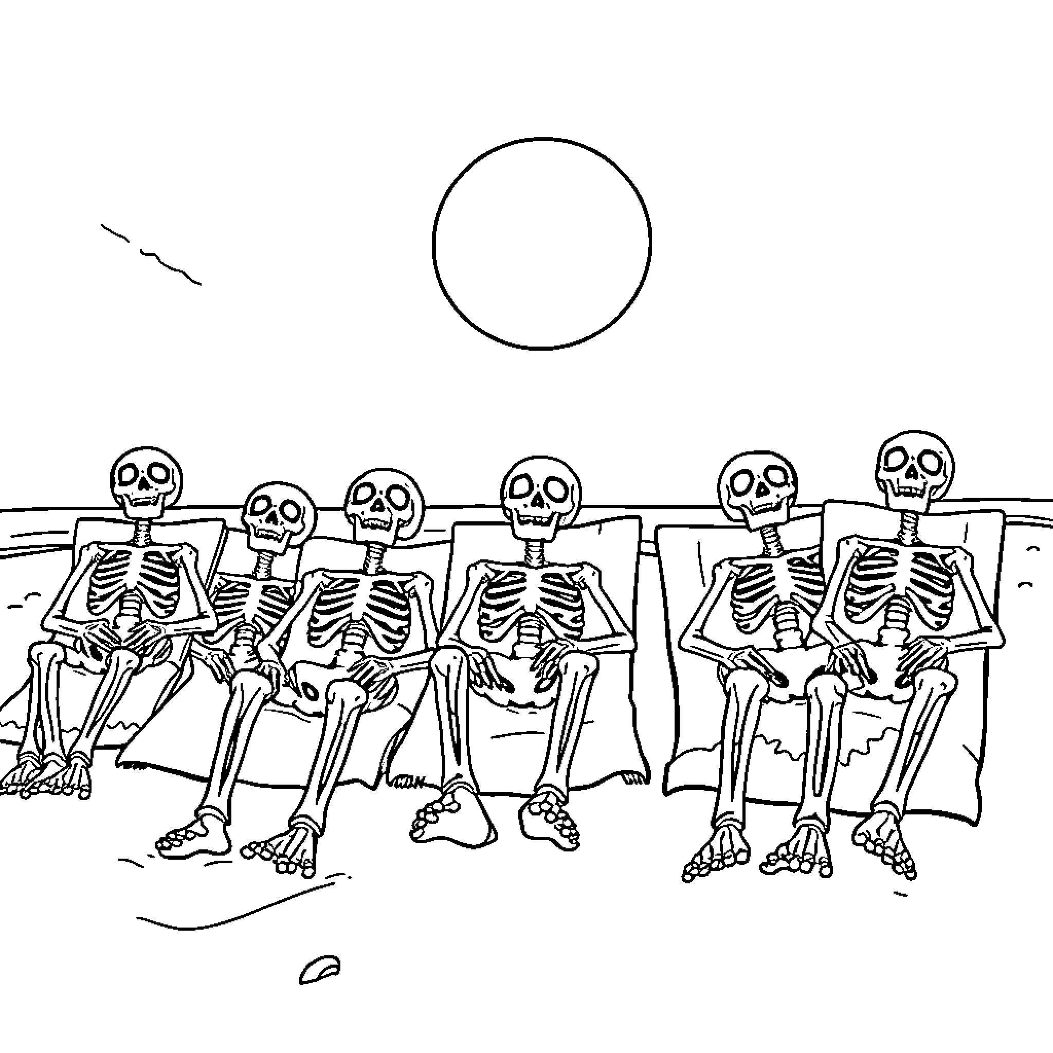 Skeleton gathering in the desert Coloring Page (free black-and-white line drawing printable PDF for all, from beginners to advanced learners, including children, teens, adults, and seniors)