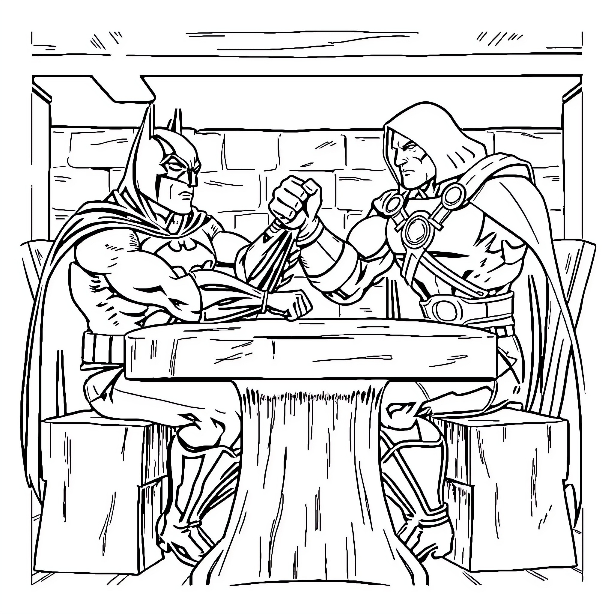 Batman and sidekick in action-packed scene Coloring Page (free black-and-white line drawing printable PDF for all, from beginners to advanced learners, including children, teens, adults, and seniors)