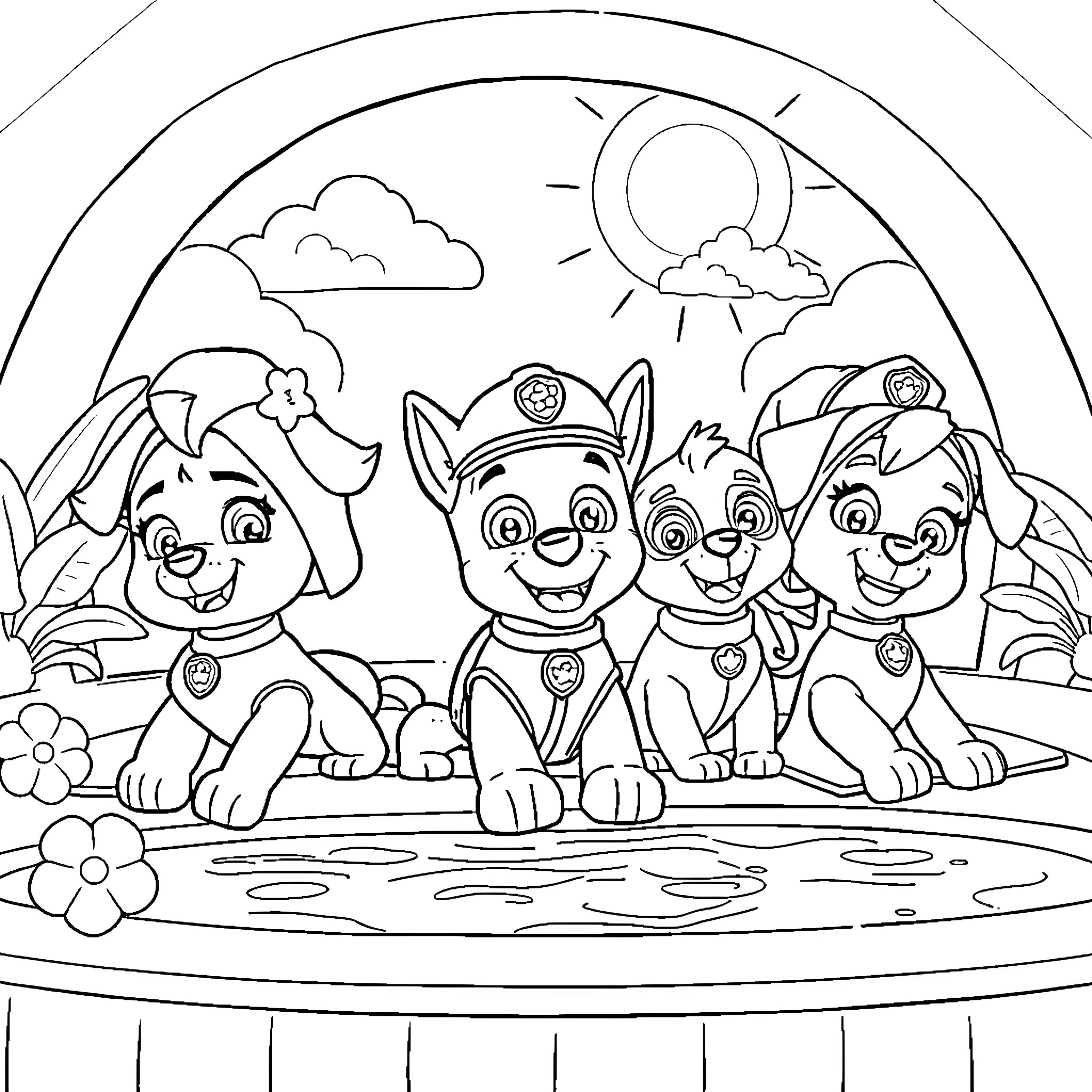 Paw Patrol happy puppies on an adventure Coloring Page (free black-and-white line drawing printable PDF for all, from beginners to advanced learners, including children, teens, adults, and seniors)