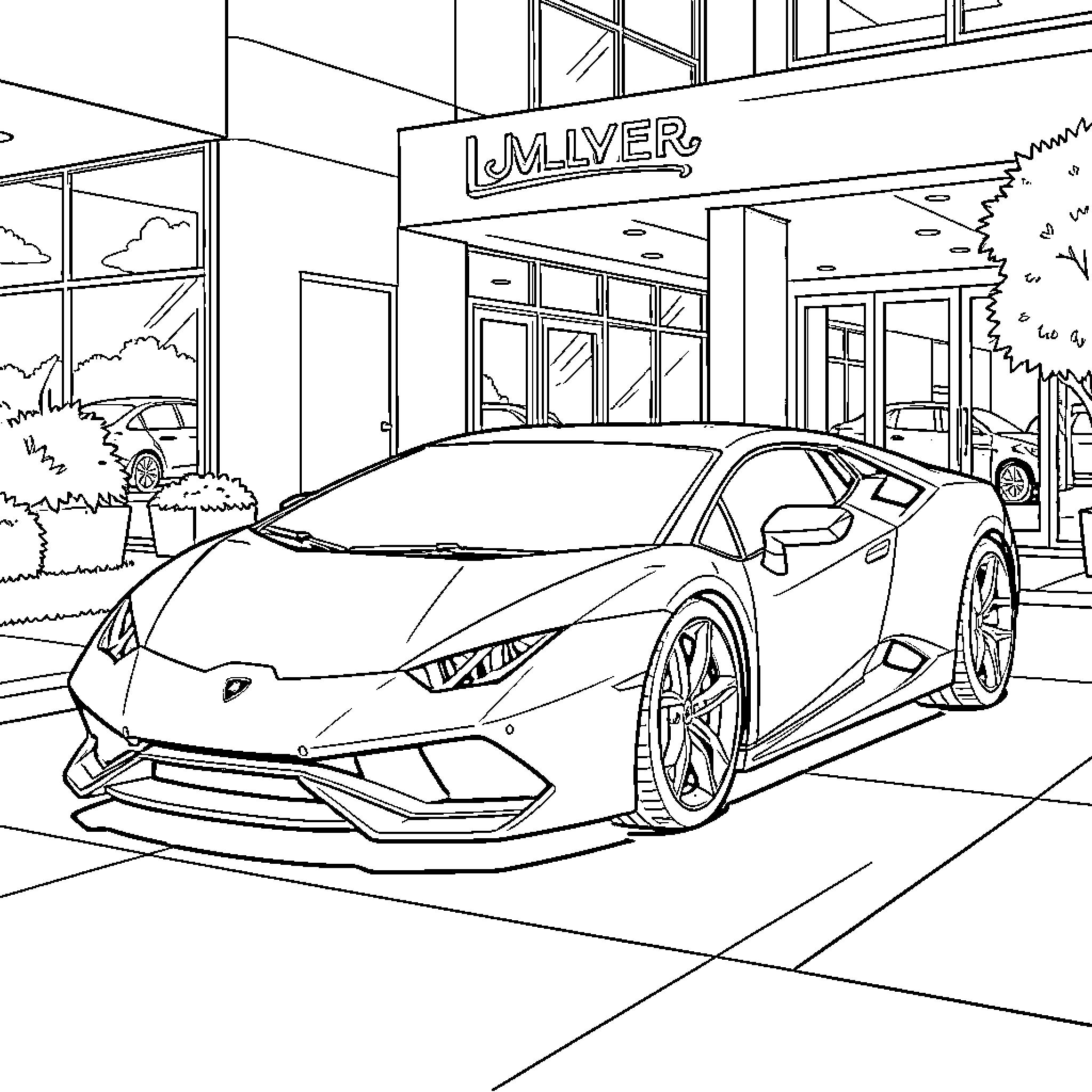 Lamborghini sports car parked outside store Coloring Page (free black-and-white line drawing printable PDF for all, from beginners to advanced learners, including children, teens, adults, and seniors)