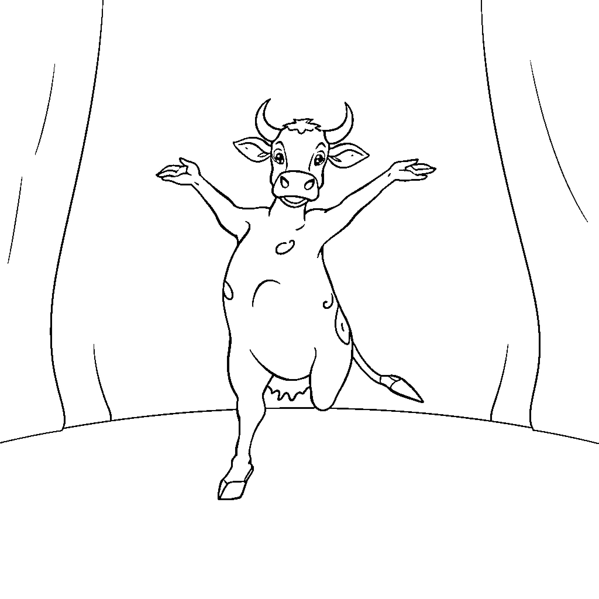Cow dancing joyfully on stage Coloring Page (free black-and-white line drawing printable PDF for all, from beginners to advanced learners, including children, teens, adults, and seniors)