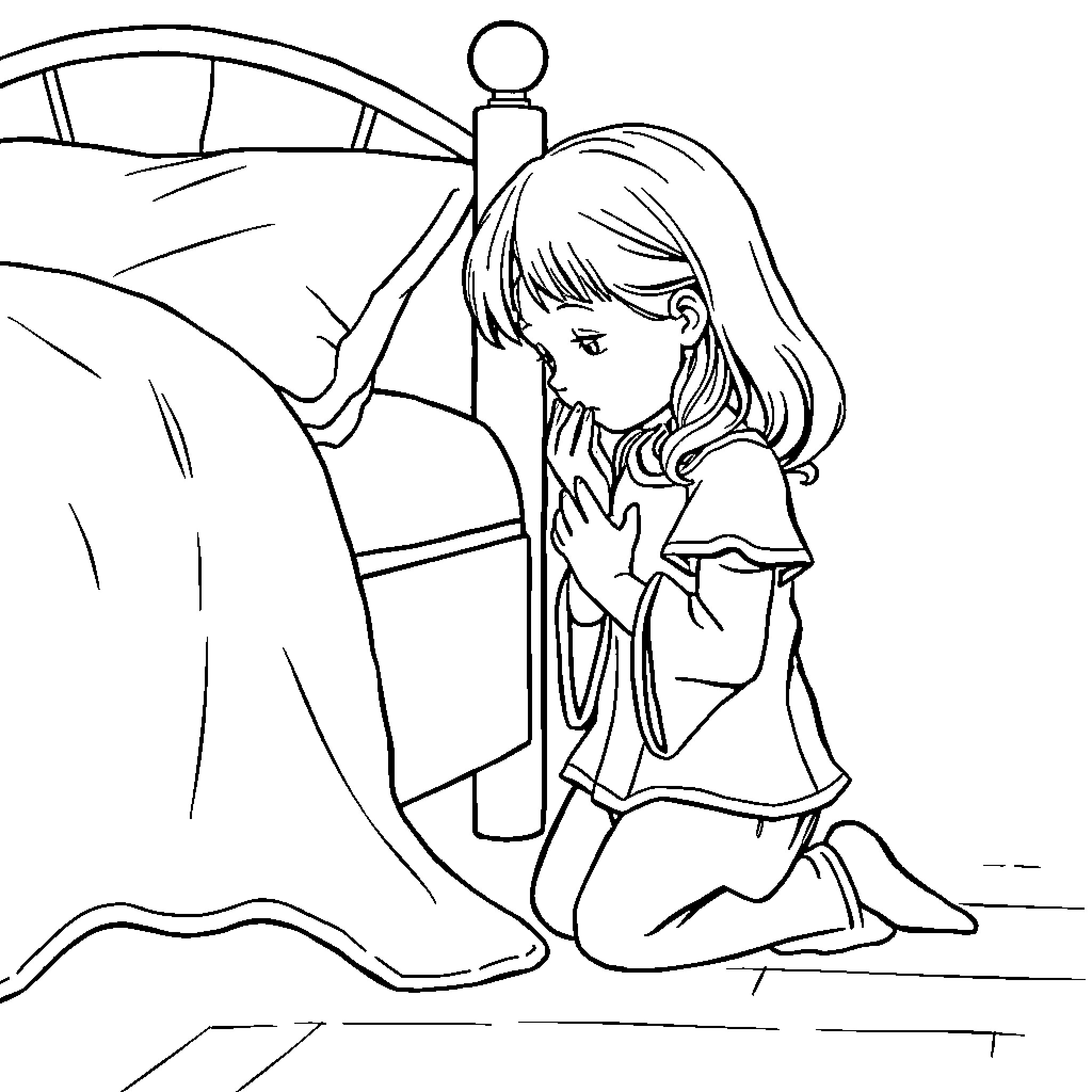 Girl praying solemnly in bedroom Coloring Page (free black-and-white line drawing printable PDF for all, from beginners to advanced learners, including children, teens, adults, and seniors)