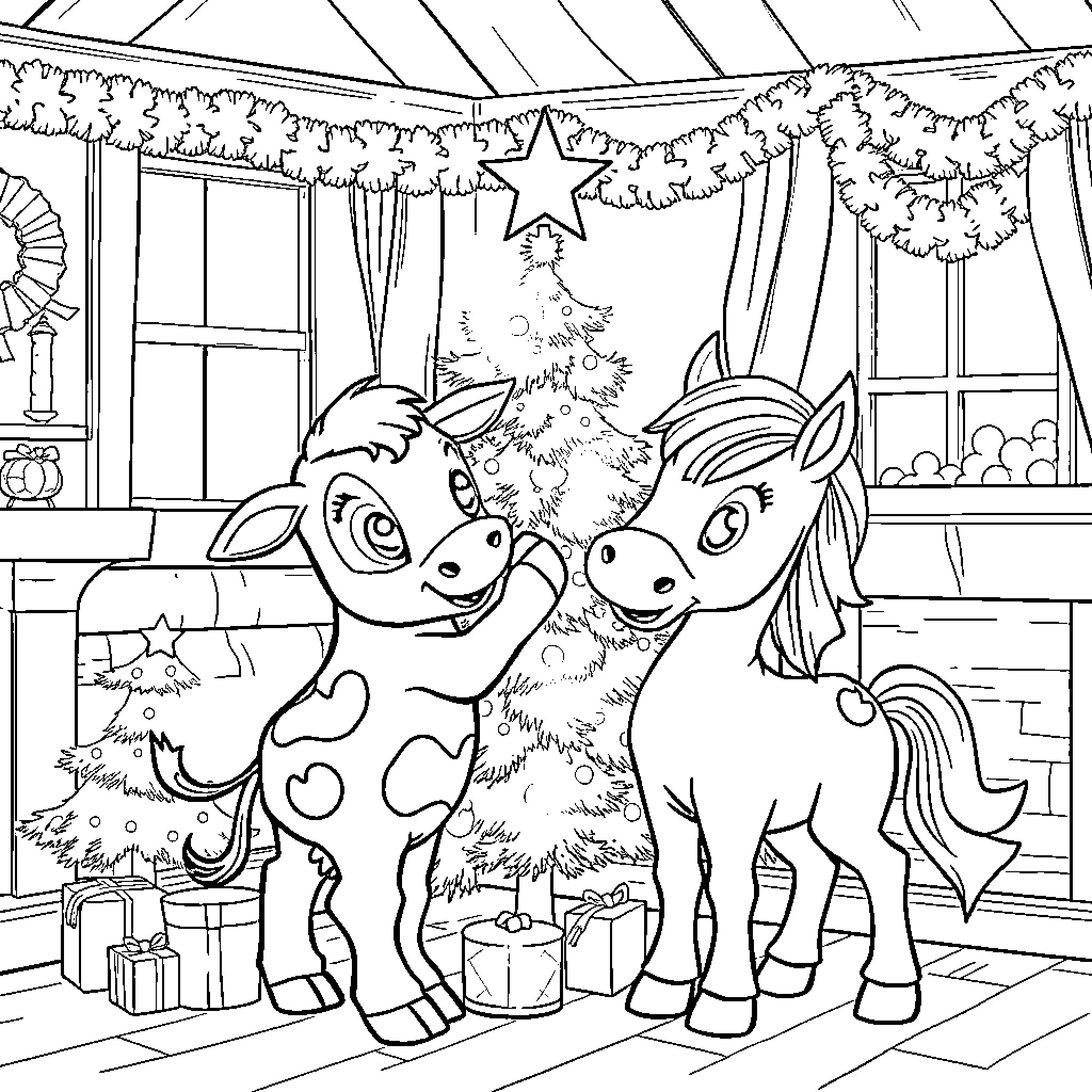 Baby Cows celebrating Christmas in a cozy home Coloring Page (free black-and-white line drawing printable PDF for all, from beginners to advanced learners, including children, teens, adults, and seniors)