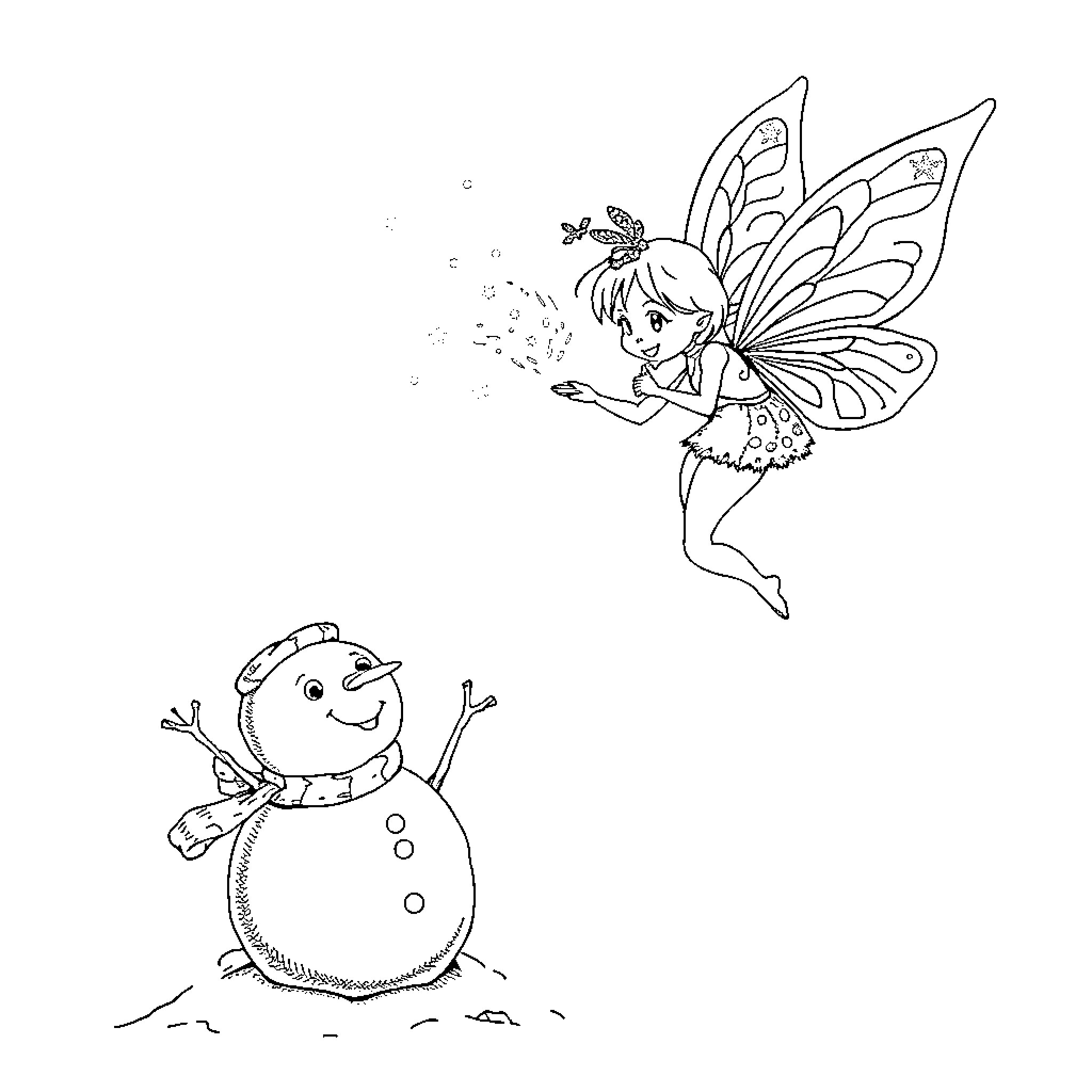 Fairy playing joyfully with a snowman Coloring Page (free black-and-white line drawing printable PDF for all, from beginners to advanced learners, including children, teens, adults, and seniors)