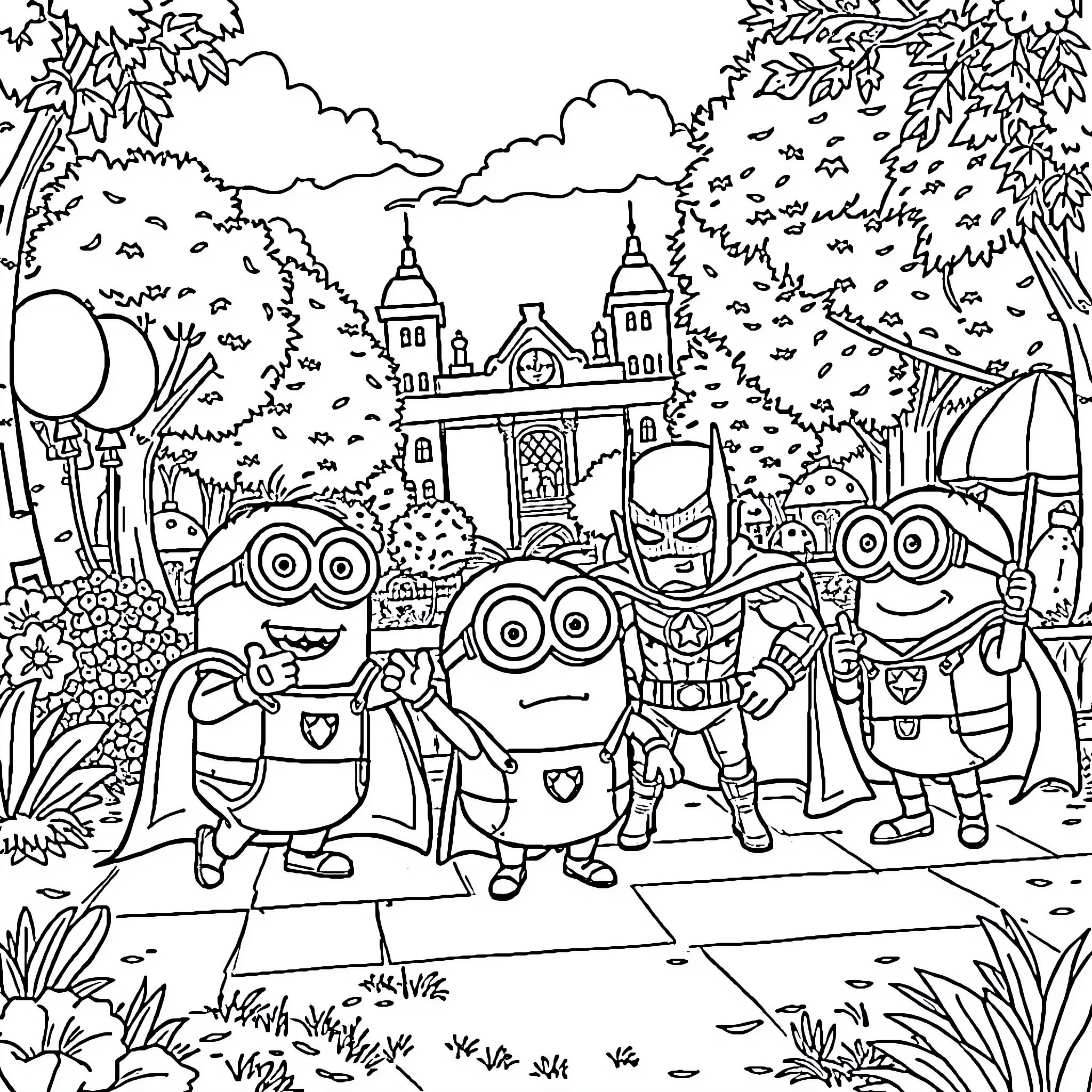 Minions exploring a whimsical landscape Coloring Page (free black-and-white line drawing printable PDF for all, from beginners to advanced learners, including children, teens, adults, and seniors)