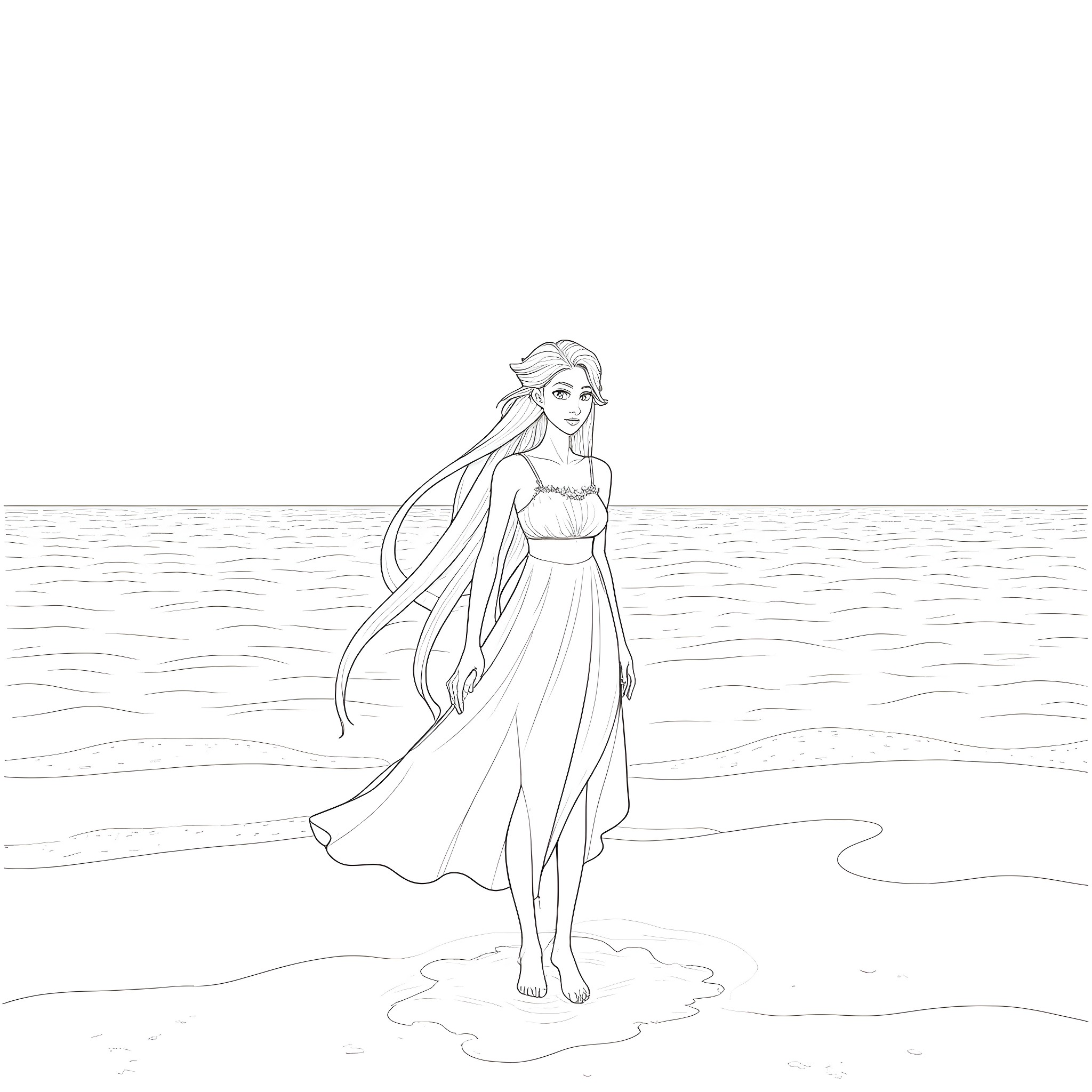 Elven Girl Walking Gracefully on the Beach Coloring Page (free black-and-white line drawing printable PDF for all, from beginners to advanced learners, including children, teens, adults, and seniors)