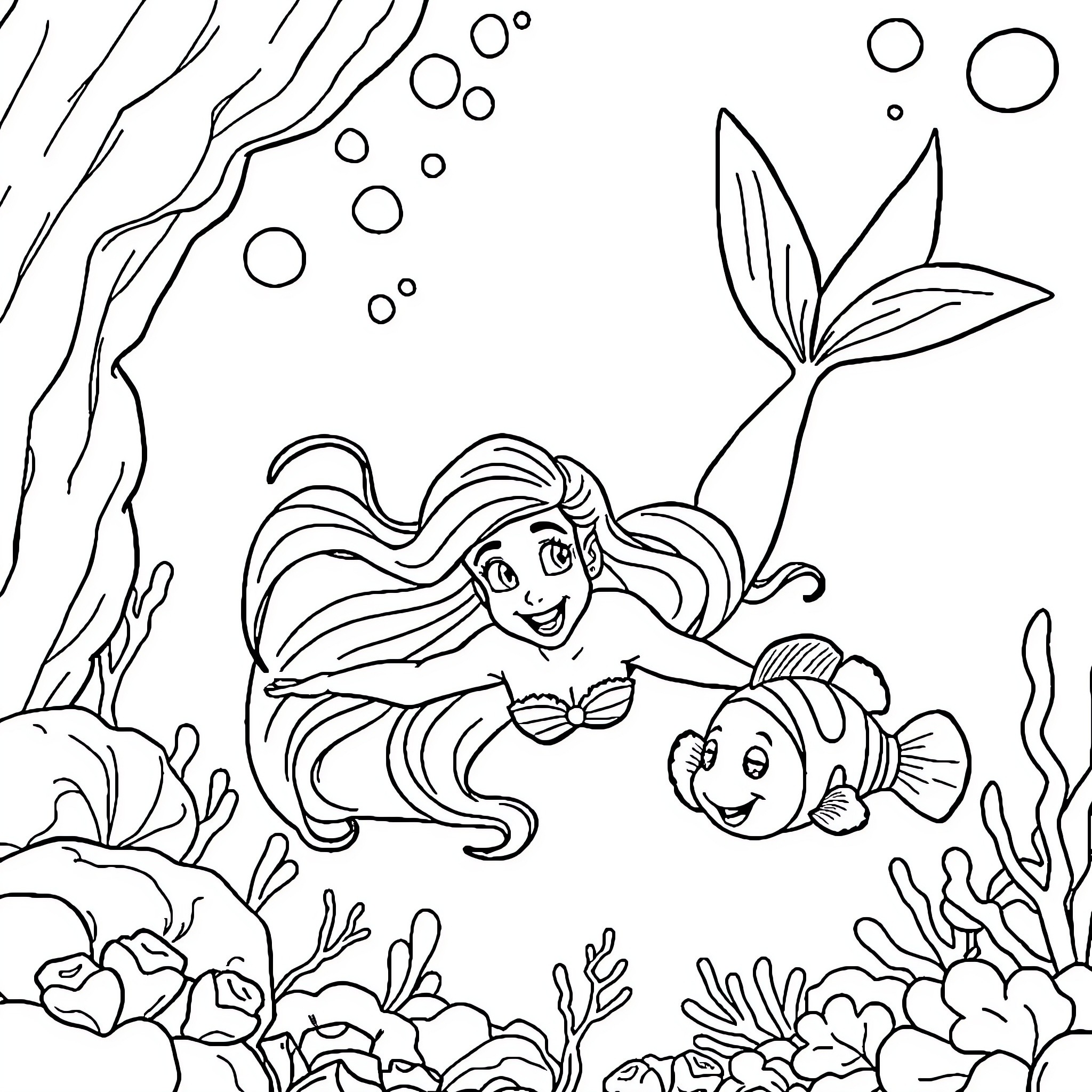 Ariel exploring the underwater world with Flounder Coloring Page (free black-and-white line drawing printable PDF for all, from beginners to advanced learners, including children, teens, adults, and seniors)