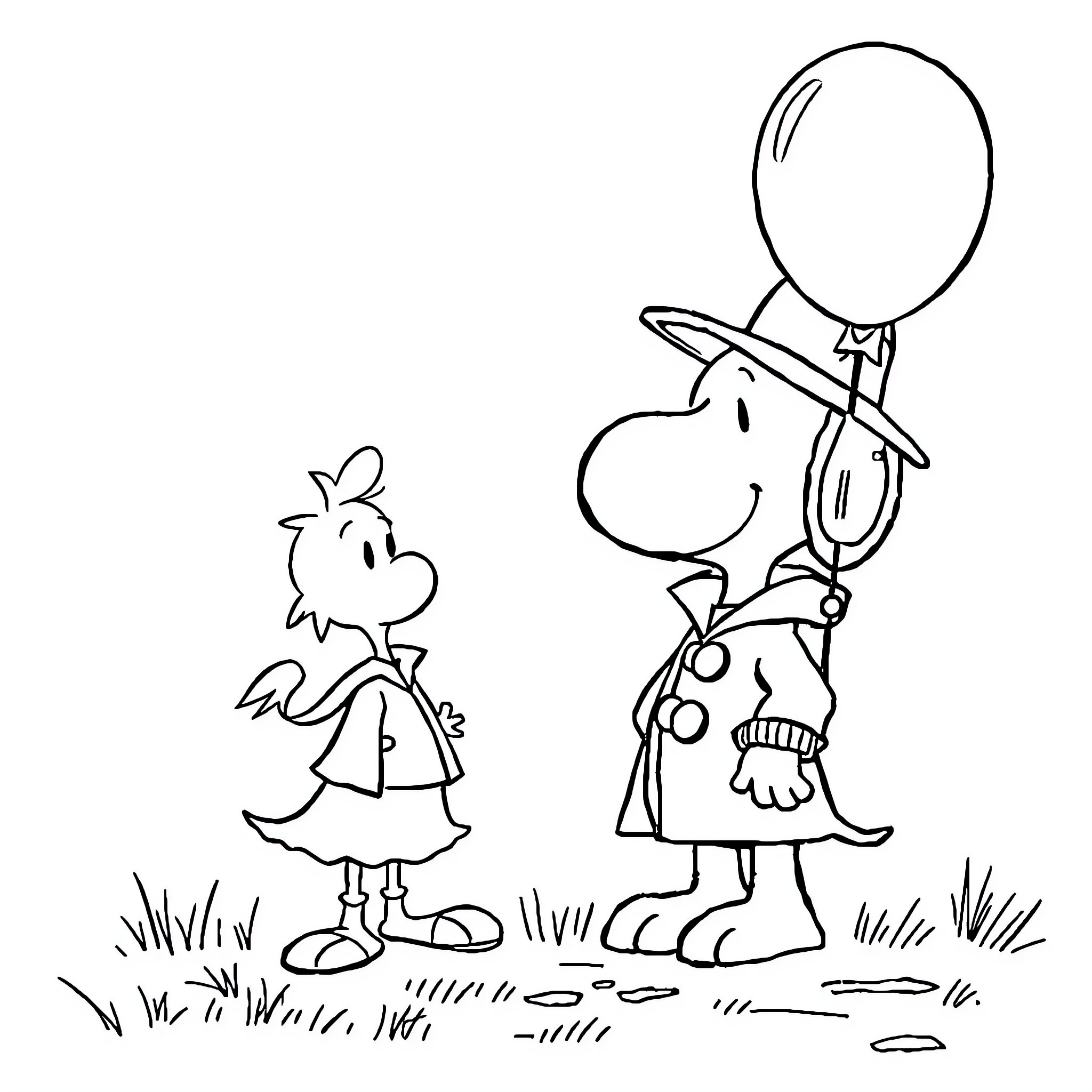 Snoopy and girl walking outdoors with balloon Coloring Page (free black-and-white line drawing printable PDF for all, from beginners to advanced learners, including children, teens, adults, and seniors)