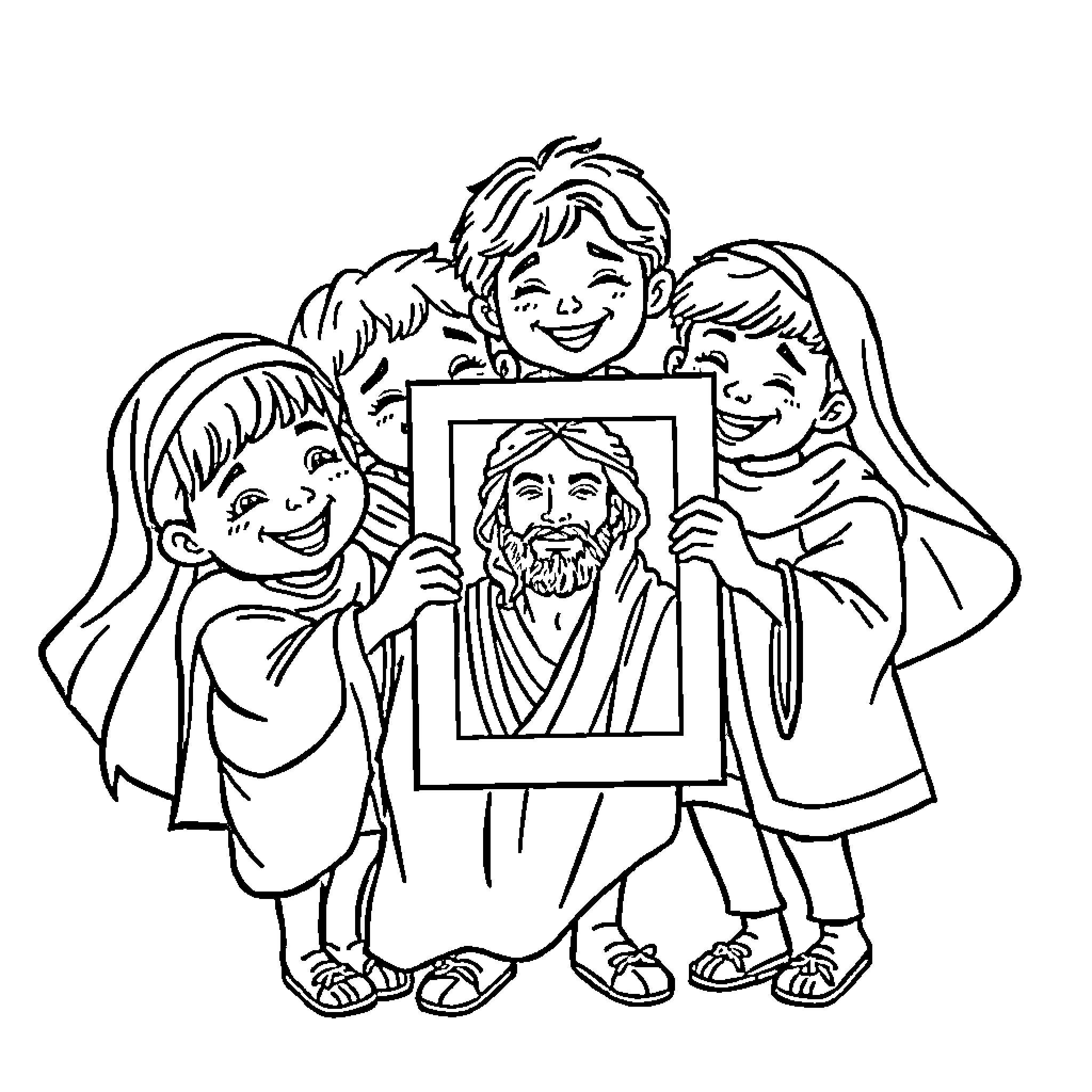 Kid sharing Jesus portrait with friends Coloring Page (free black-and-white line drawing printable PDF for all, from beginners to advanced learners, including children, teens, adults, and seniors)