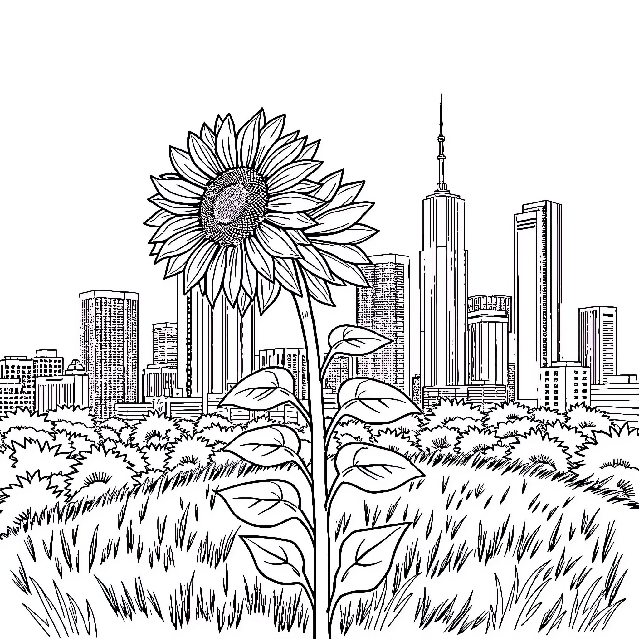 Sunflower blooming in the heart of the city Coloring Page (free black-and-white line drawing printable PDF for all, from beginners to advanced learners, including children, teens, adults, and seniors)