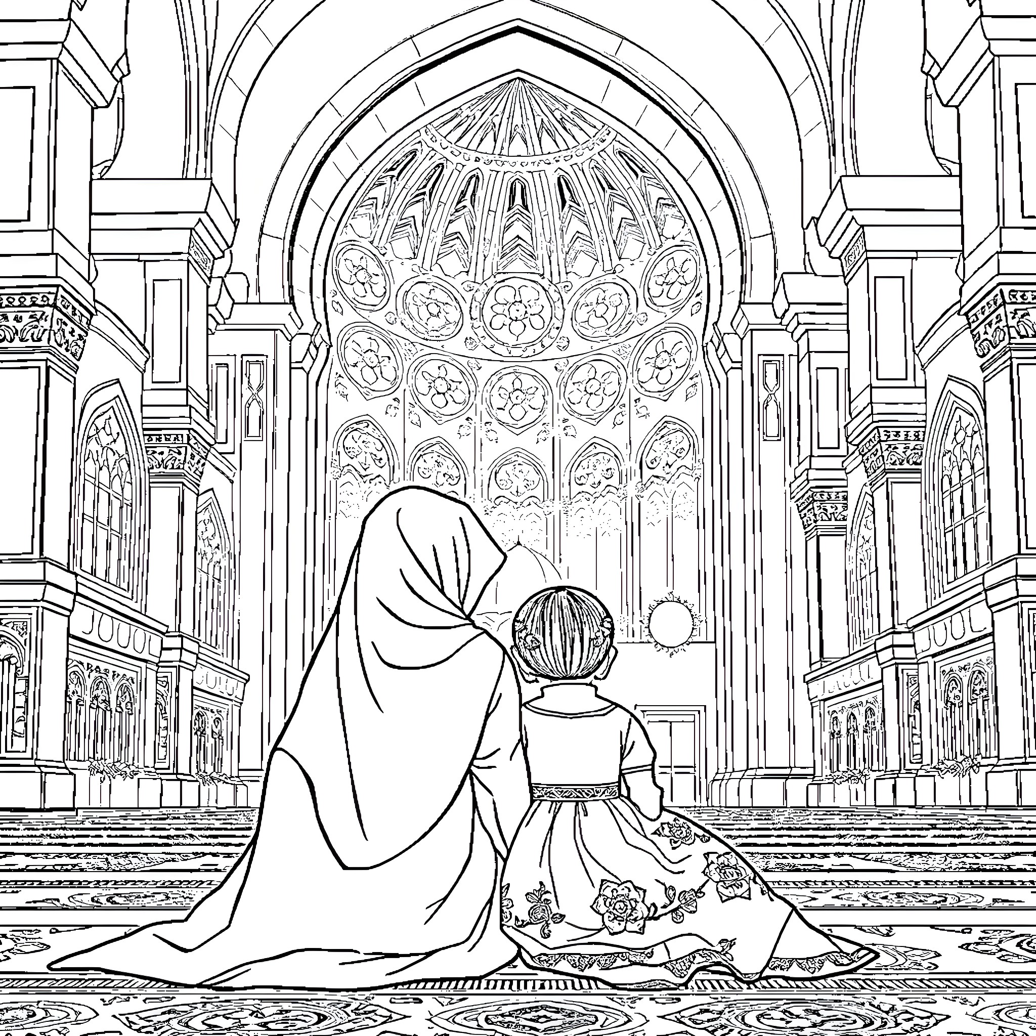 Mum and child praying in a grand cathedral Coloring Page (free black-and-white line drawing printable PDF for all, from beginners to advanced learners, including children, teens, adults, and seniors)