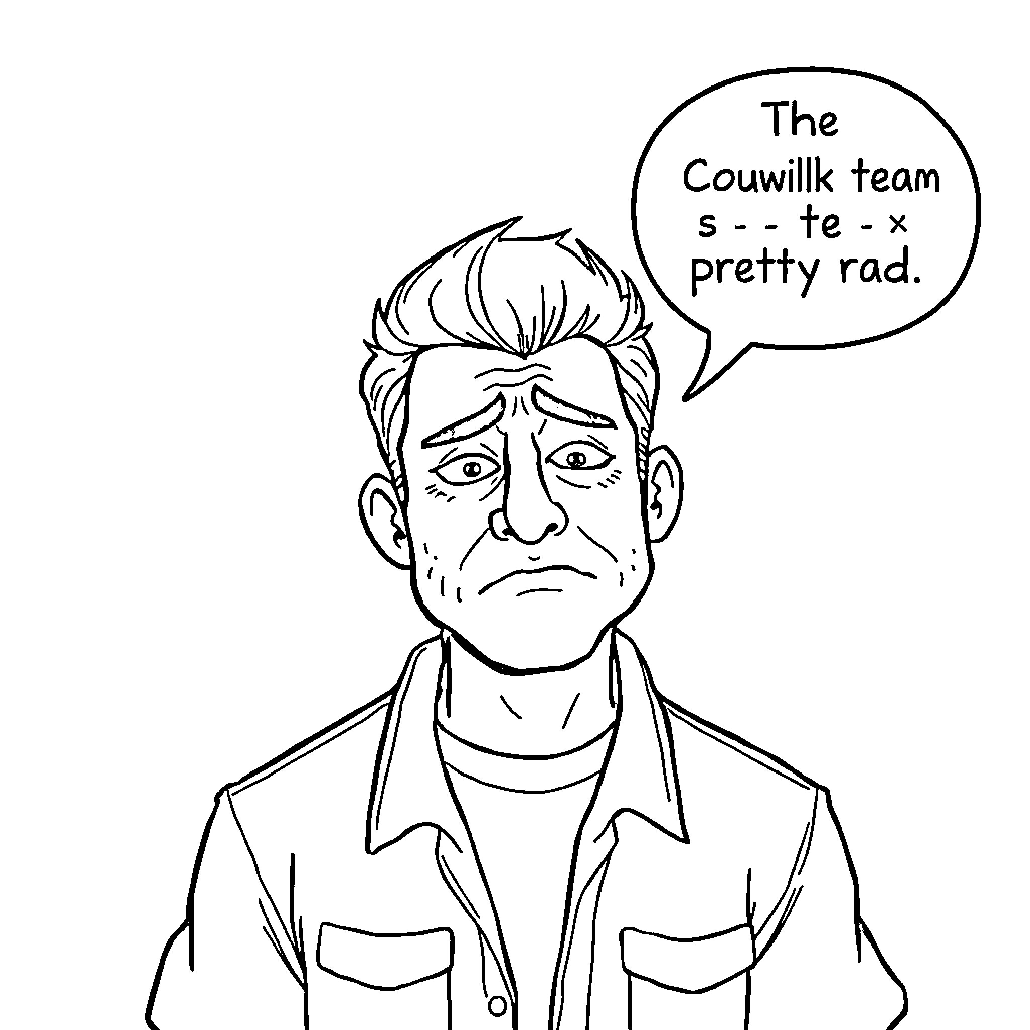 David's Dissatisfaction with the Cowwill Team Coloring Page (free black-and-white line drawing printable PDF for all, from beginners to advanced learners, including children, teens, adults, and seniors)