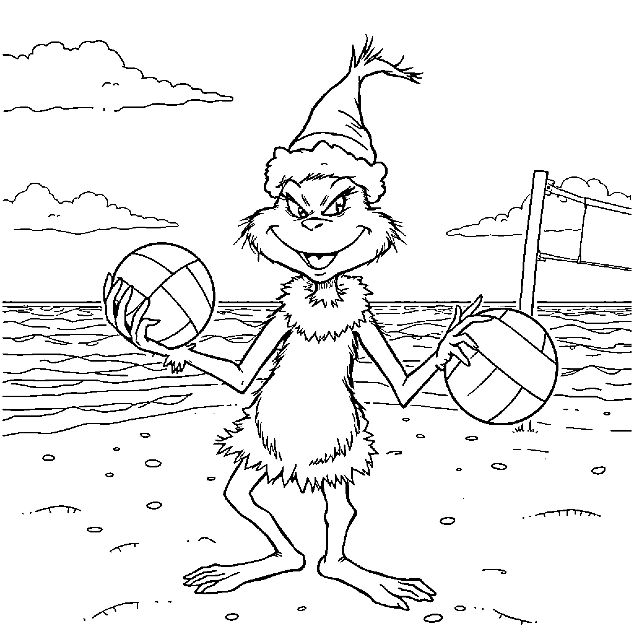Grinch playing with beach balls in the ocean Coloring Page (free black-and-white line drawing printable PDF for all, from beginners to advanced learners, including children, teens, adults, and seniors)