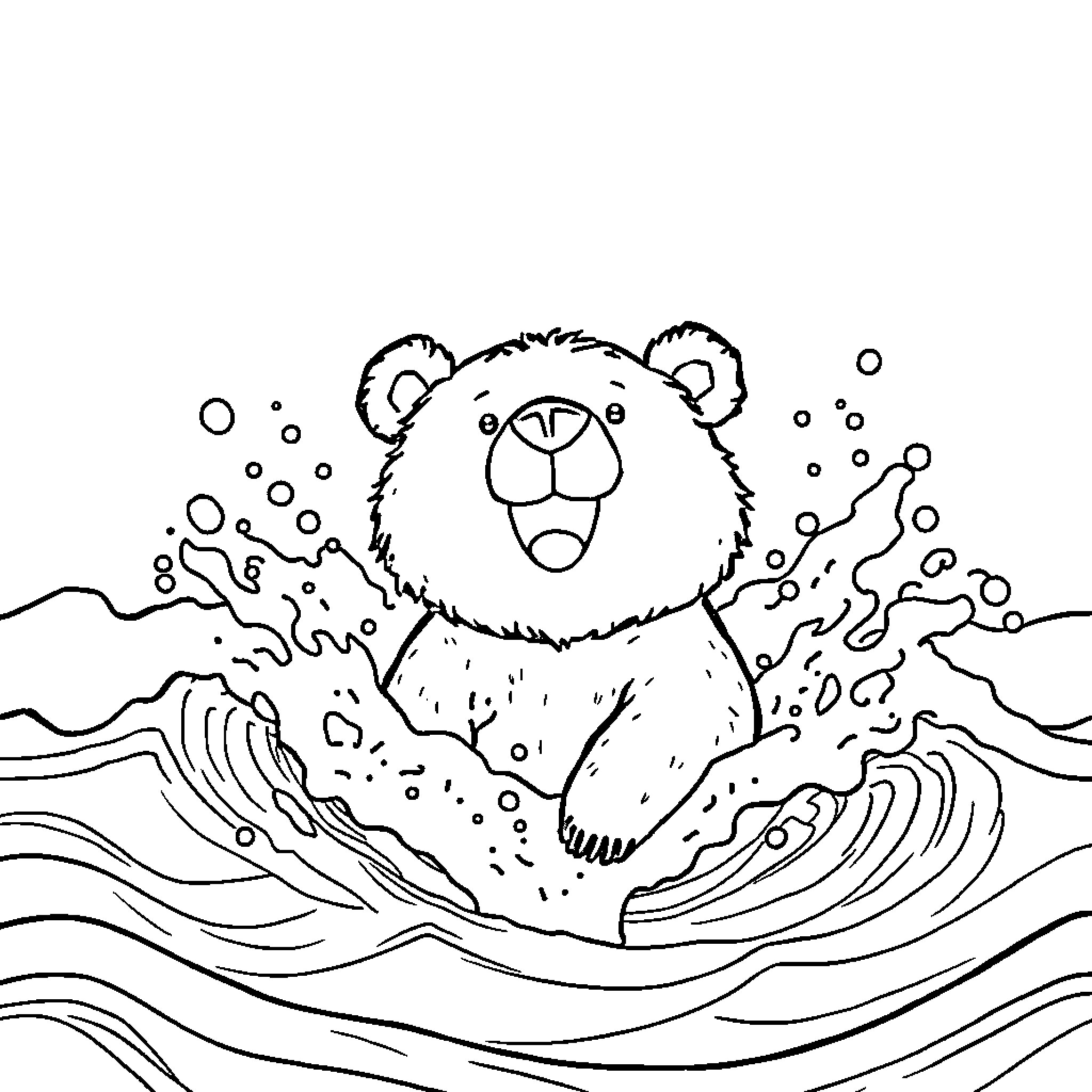 Bear splashing playfully in the waves Coloring Page (free black-and-white line drawing printable PDF for all, from beginners to advanced learners, including children, teens, adults, and seniors)