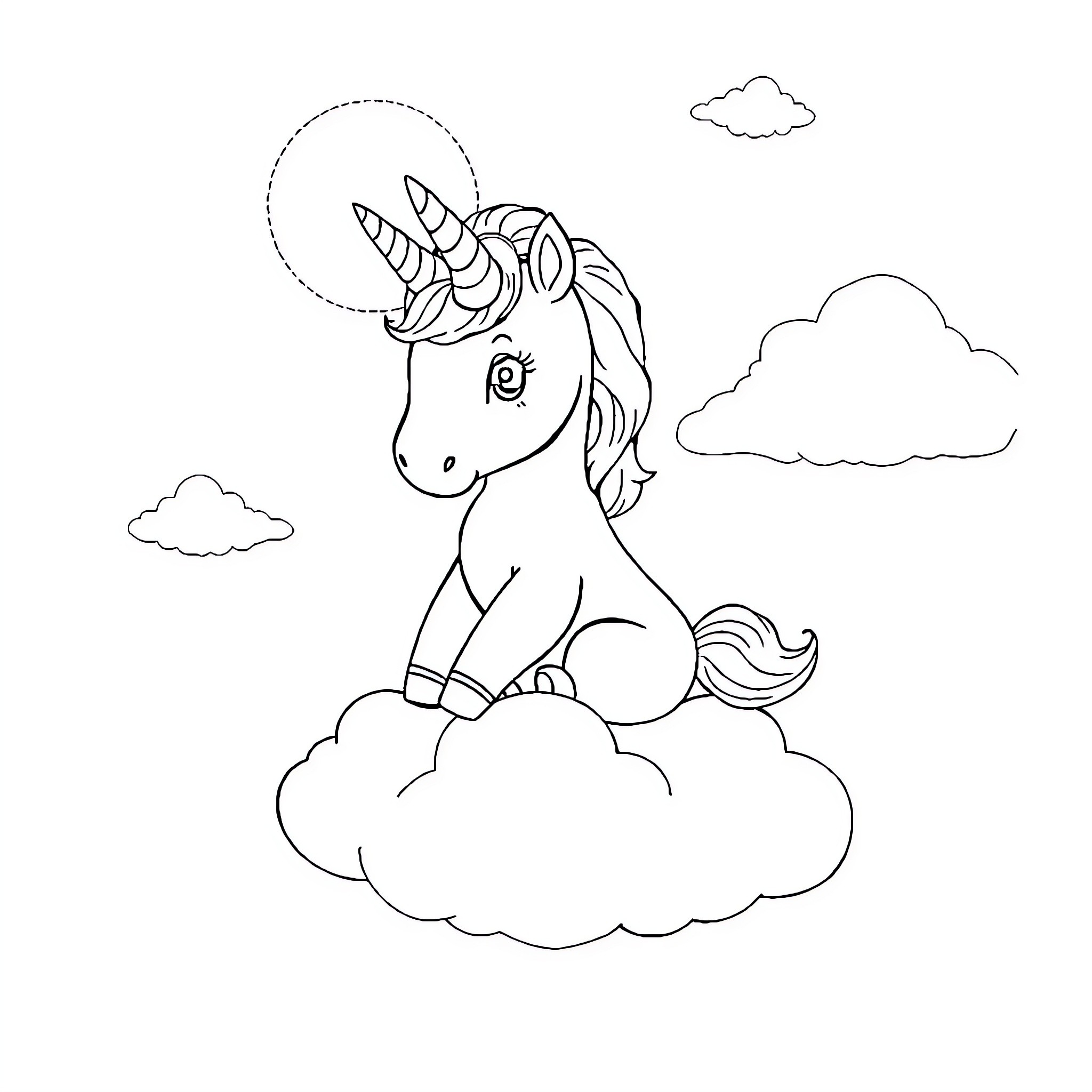 Baby Unicorn playing among the clouds Coloring Page (free black-and-white line drawing printable PDF for all, from beginners to advanced learners, including children, teens, adults, and seniors)