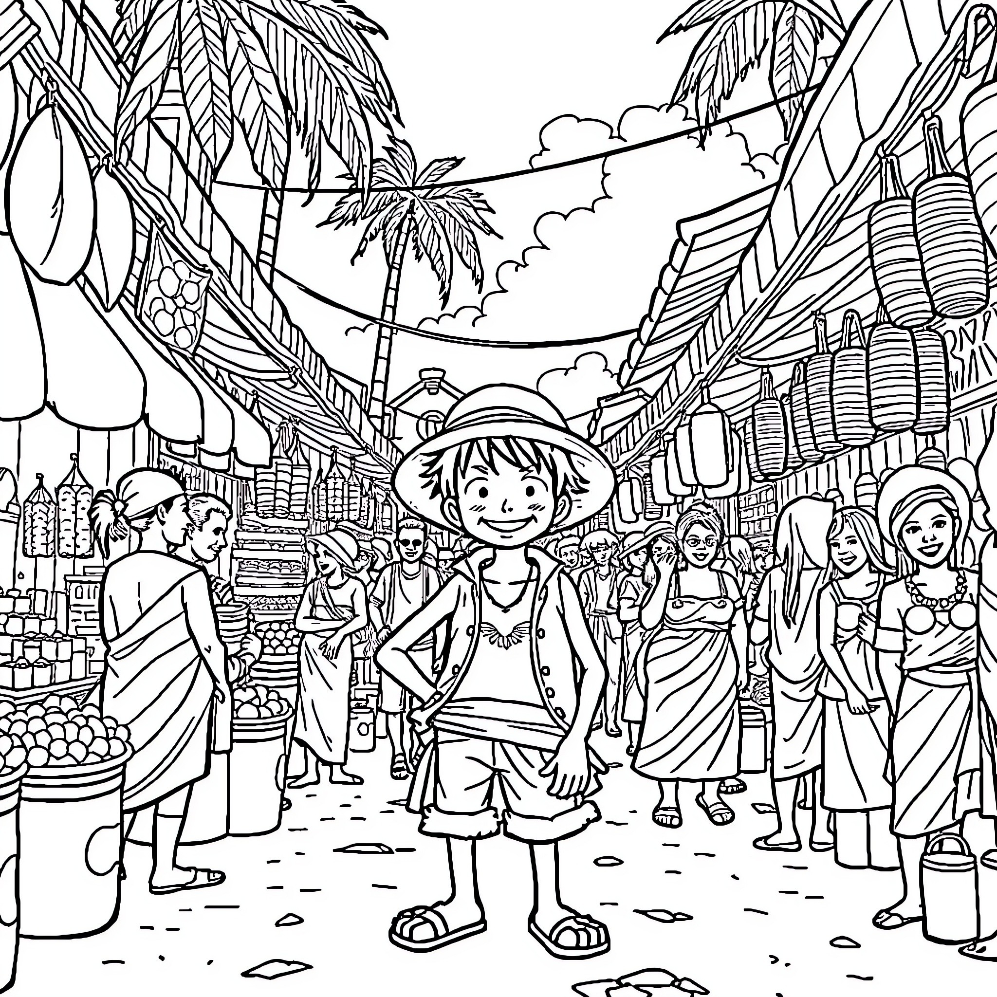 Luffy's Vibrant Adventure in the Tropical Marketplace Coloring Page (free black-and-white line drawing printable PDF for all, from beginners to advanced learners, including children, teens, adults, and seniors)