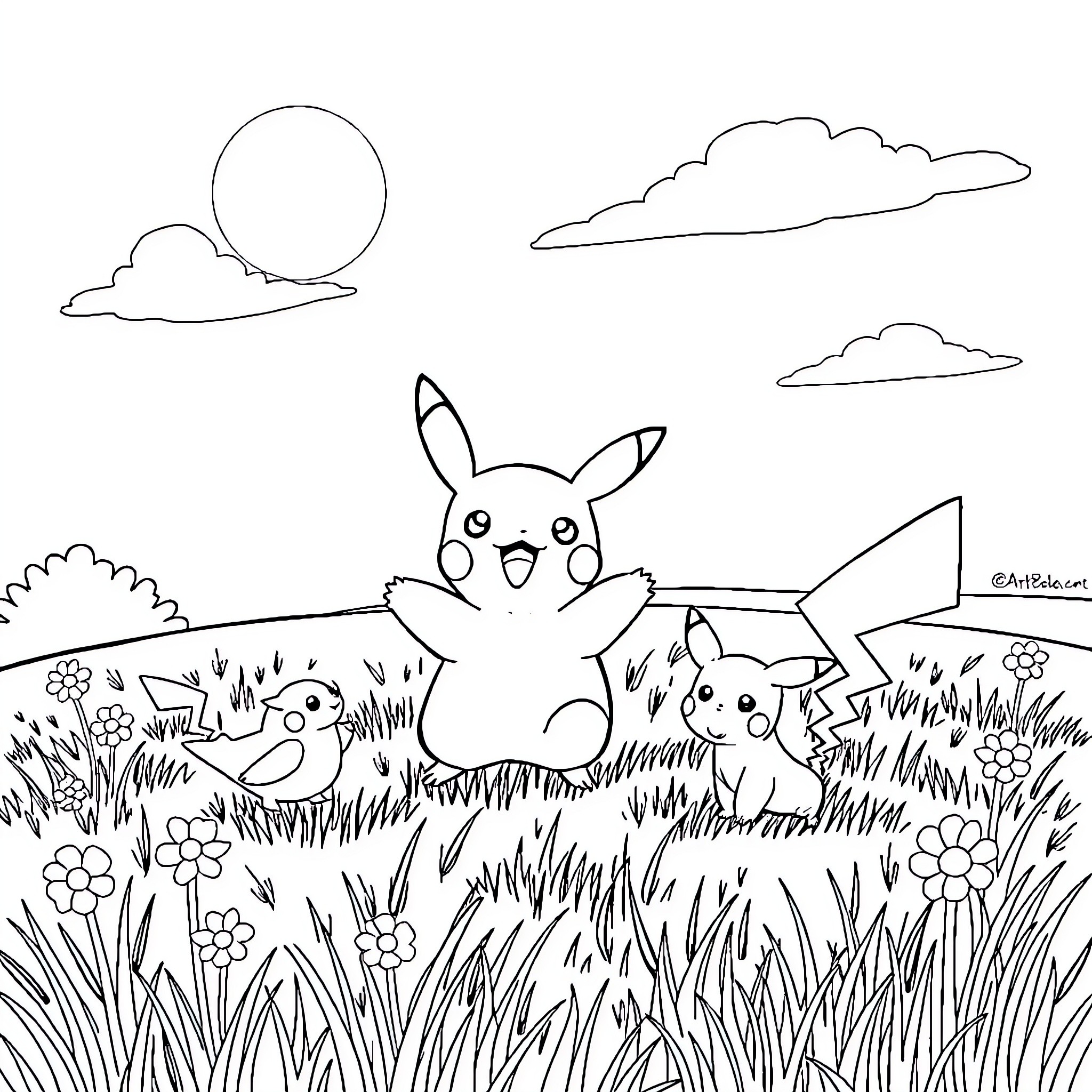 Pikachu enjoying a sunny day with friends in nature Coloring Page (free black-and-white line drawing printable PDF for all, from beginners to advanced learners, including children, teens, adults, and seniors)