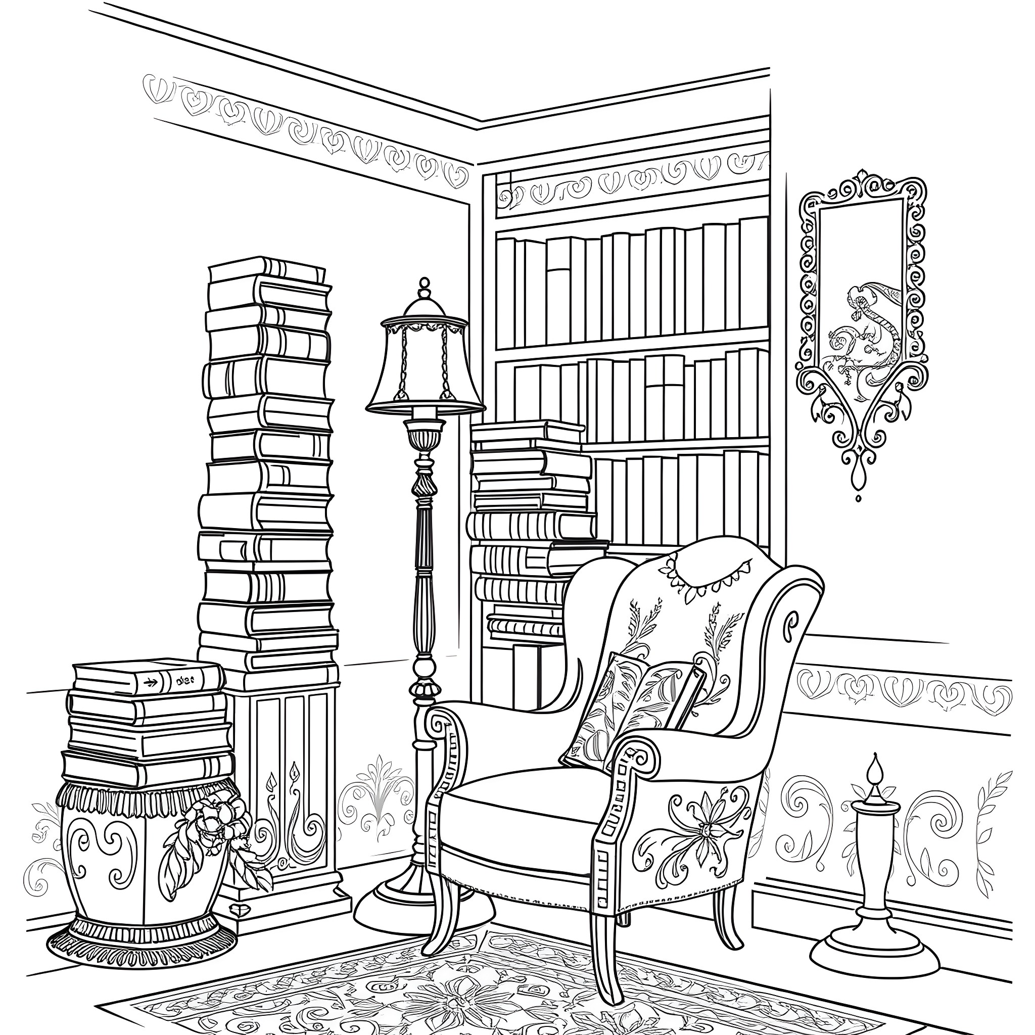 Library with Cozy Reading Nook and Ornate Decor Coloring Page (free black-and-white line drawing printable PDF for all, from beginners to advanced learners, including children, teens, adults, and seniors)