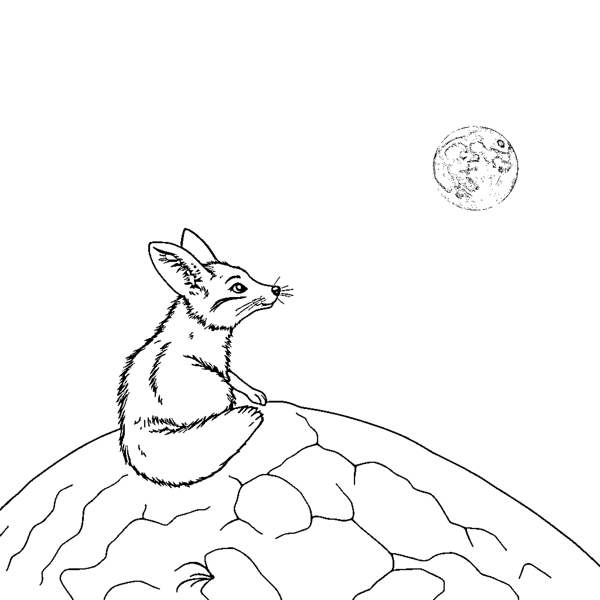 Fox gazing at the crescent moon Coloring Page (free black-and-white line drawing printable PDF for all, from beginners to advanced learners, including children, teens, adults, and seniors)