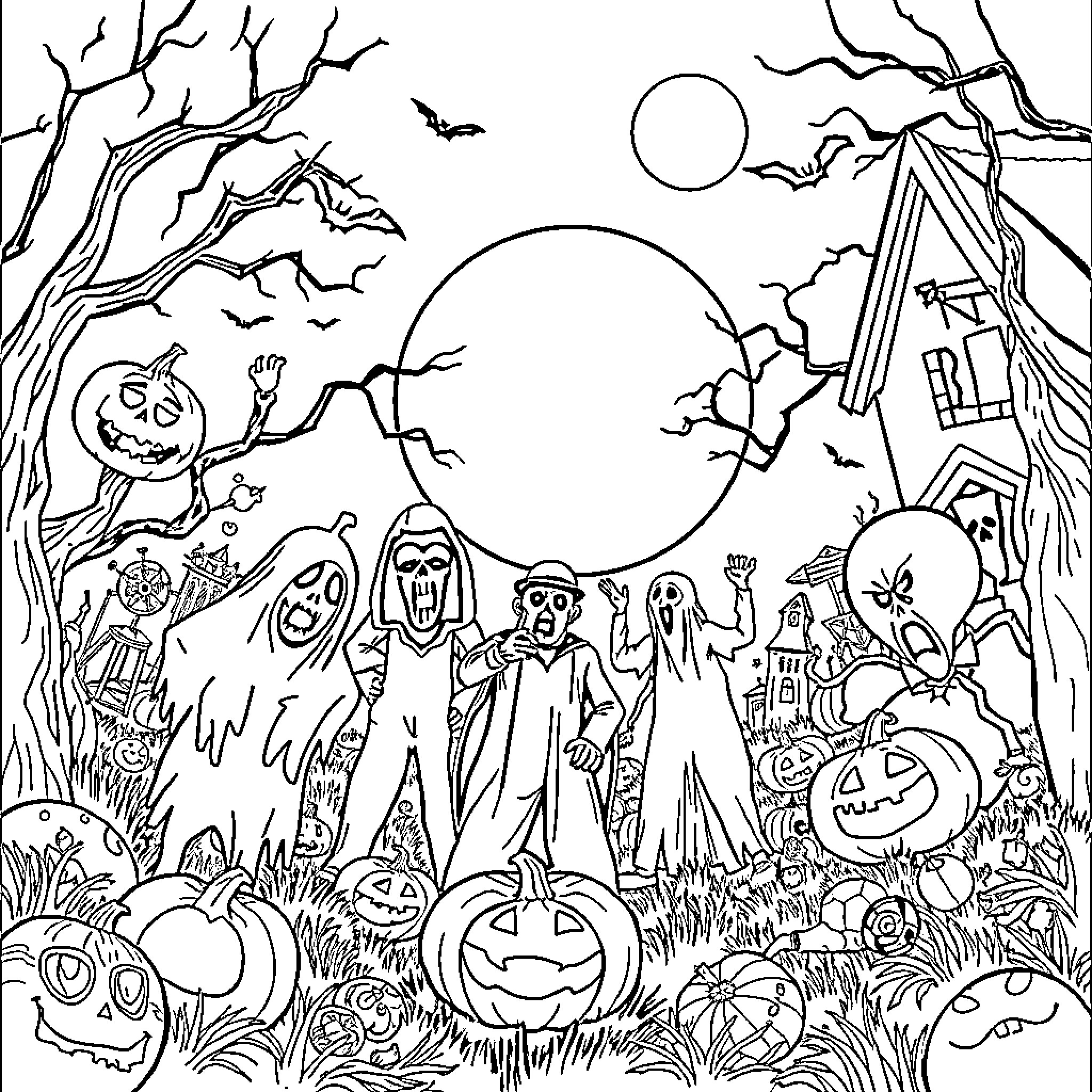 Scary Movie Halloween Celebration with Costumed Characters Coloring Page (free black-and-white line drawing printable PDF for all, from beginners to advanced learners, including children, teens, adults, and seniors)