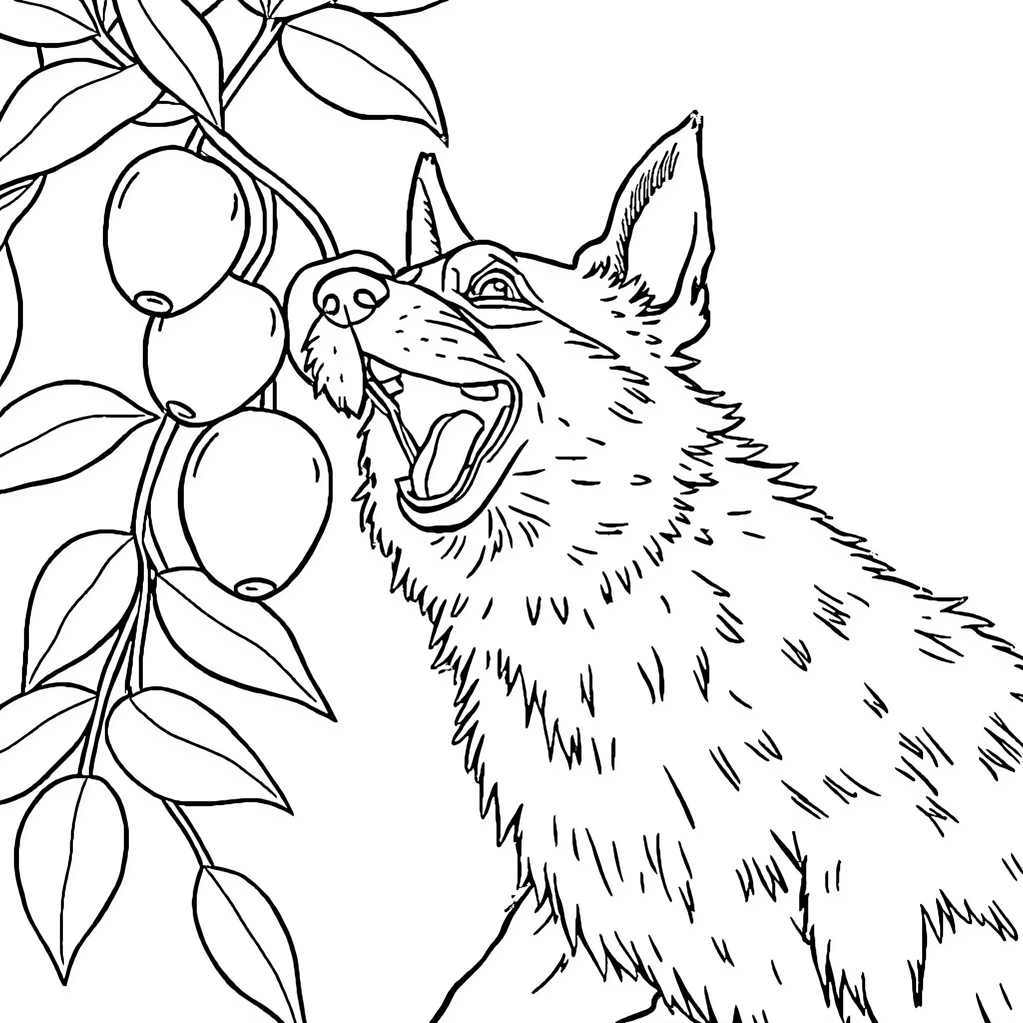 Perro enjoying the berry bushes Coloring Page (free black-and-white line drawing printable PDF for all, from beginners to advanced learners, including children, teens, adults, and seniors)