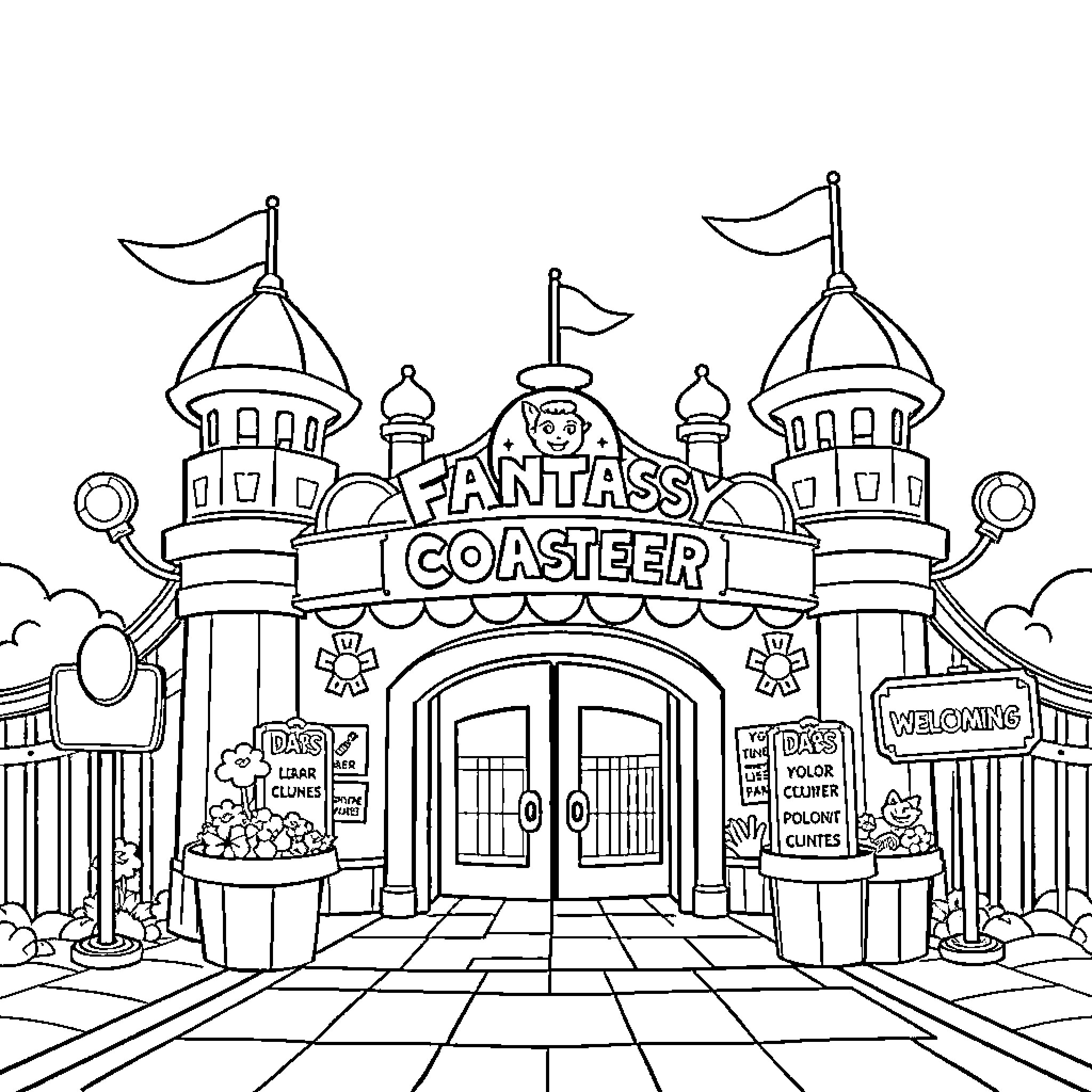 Roller Coaster Entrance of a Fantassk Amusement Park Coloring Page (free black-and-white line drawing printable PDF for all, from beginners to advanced learners, including children, teens, adults, and seniors)