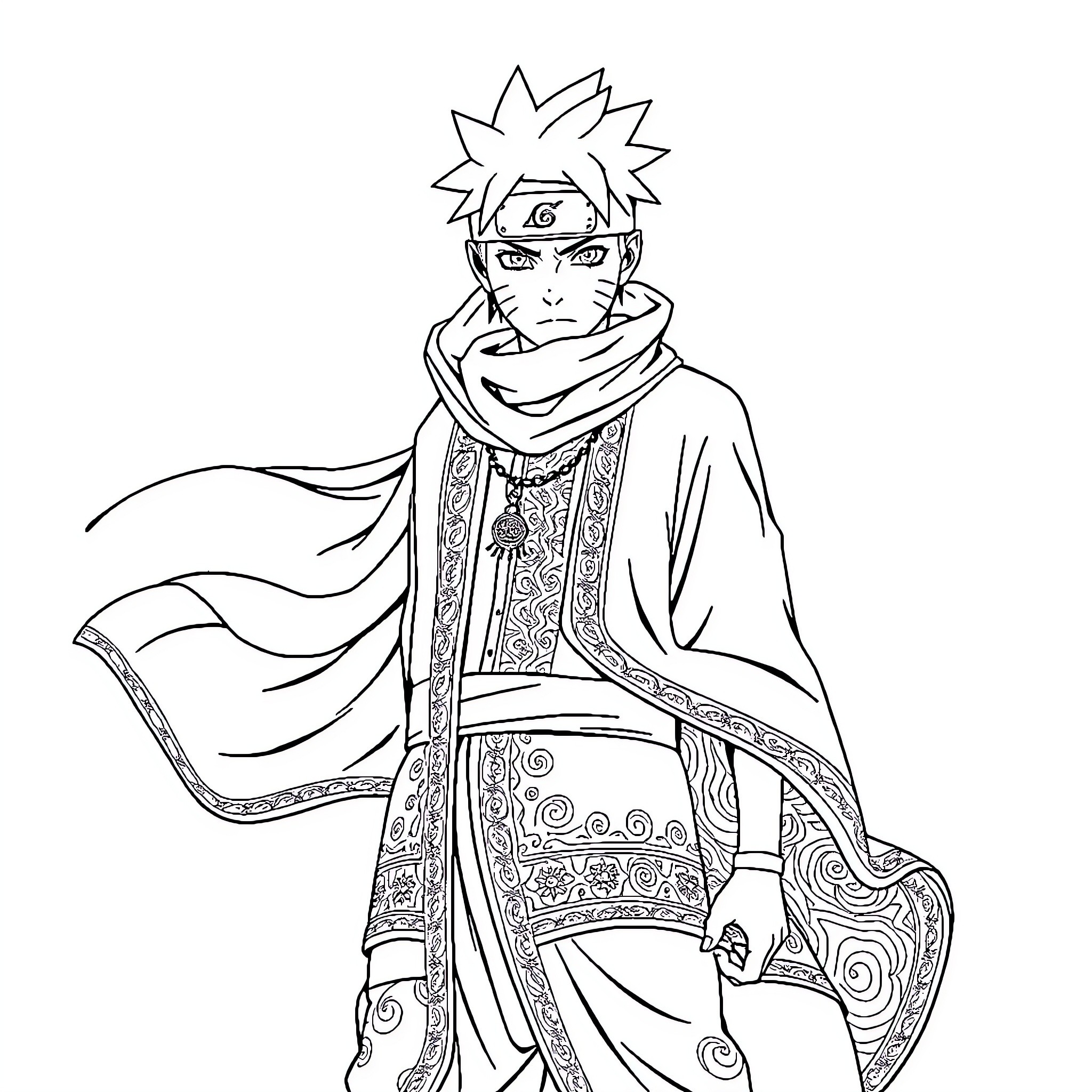Naruto in ornate ceremonial attire Coloring Page (free black-and-white line drawing printable PDF for all, from beginners to advanced learners, including children, teens, adults, and seniors)