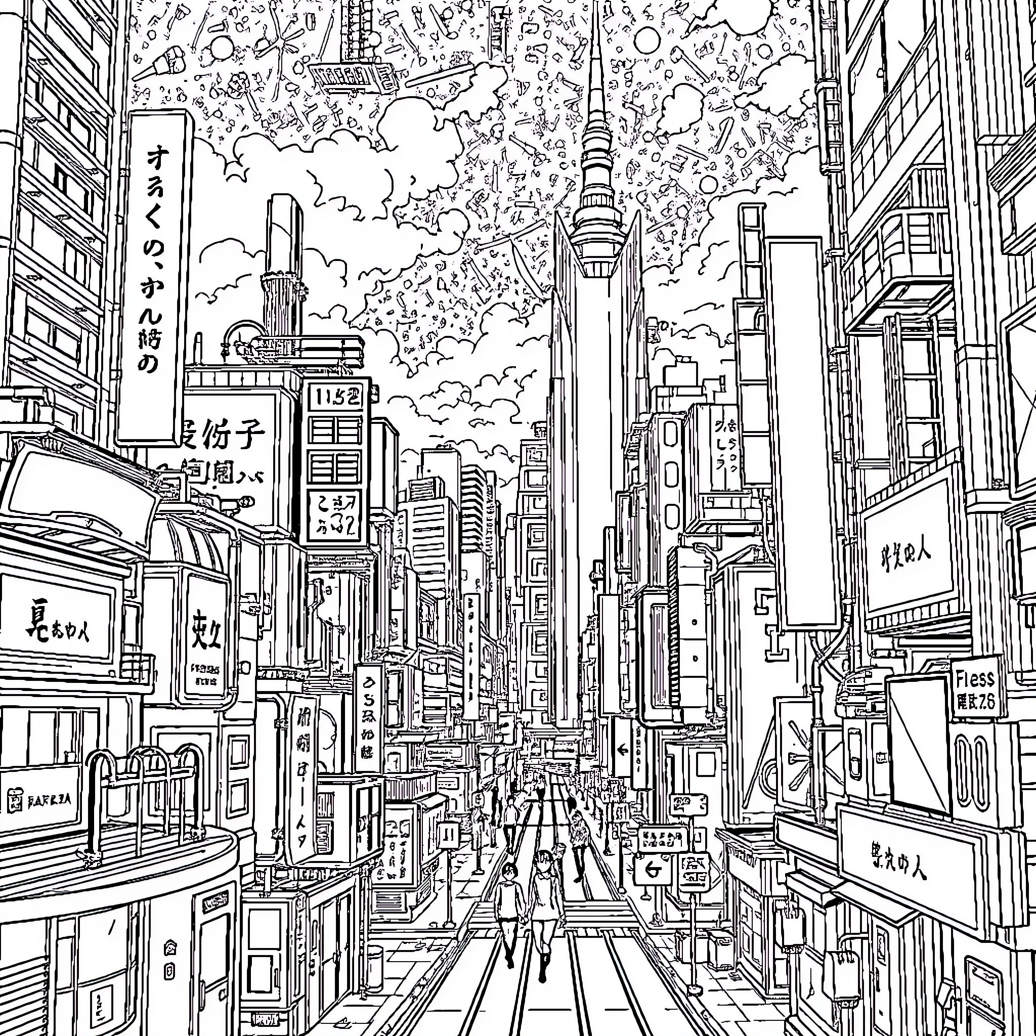 Cyberpunk City Skyline with Skyscrapers and Futuristic Elements Coloring Page (free black-and-white line drawing printable PDF for all, from beginners to advanced learners, including children, teens, adults, and seniors)