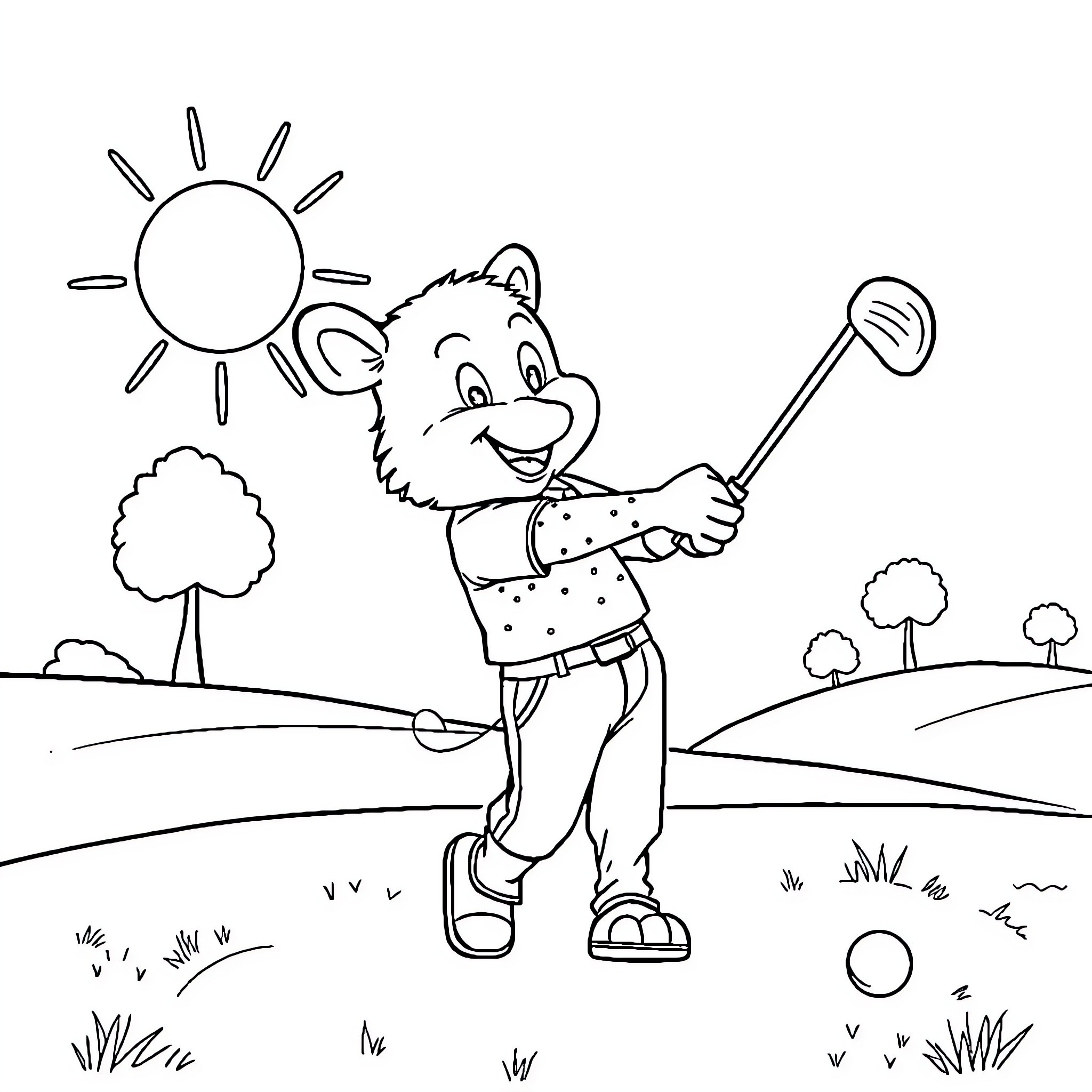 Labubu enjoying a sunny day golfing in the park Coloring Page (free black-and-white line drawing printable PDF for all, from beginners to advanced learners, including children, teens, adults, and seniors)