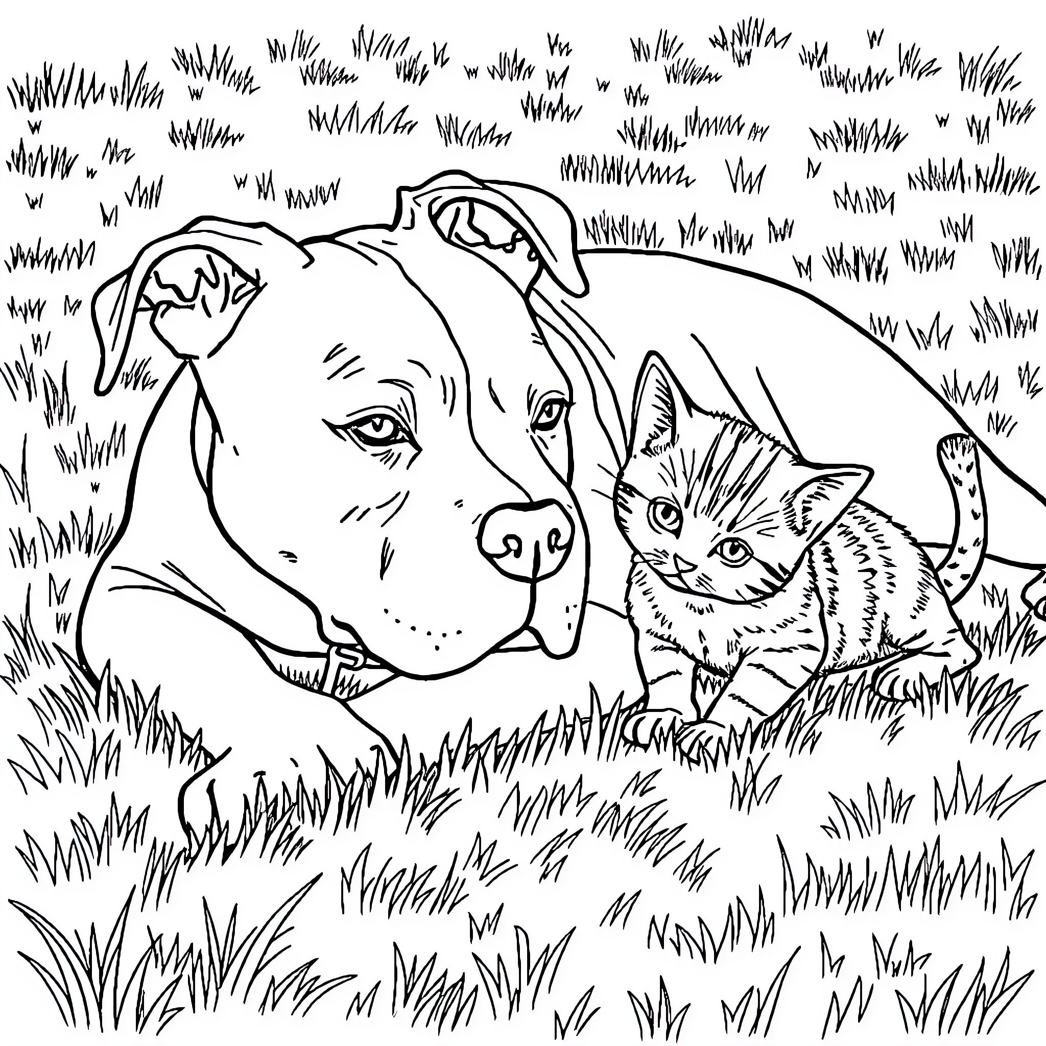 Pitbull playing with a kitten in the grass Coloring Page (free black-and-white line drawing printable PDF for all, from beginners to advanced learners, including children, teens, adults, and seniors)