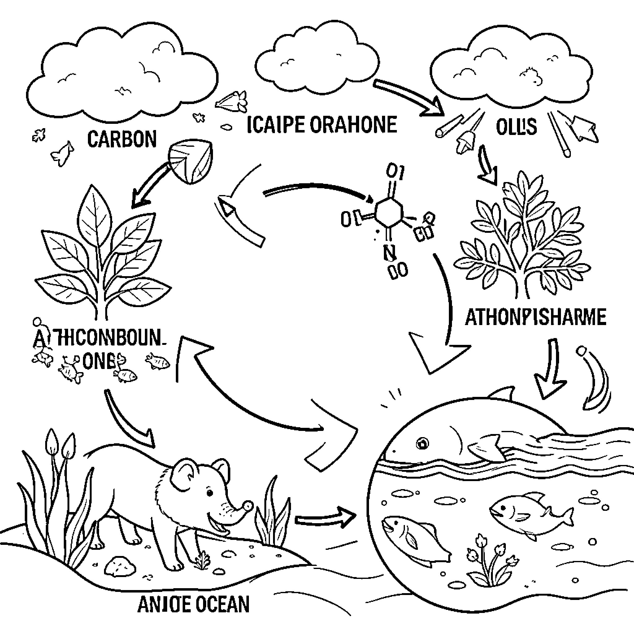 Carbon Cycle showing natural exchange between earth and sky Coloring Page (free black-and-white line drawing printable PDF for all, from beginners to advanced learners, including children, teens, adults, and seniors)
